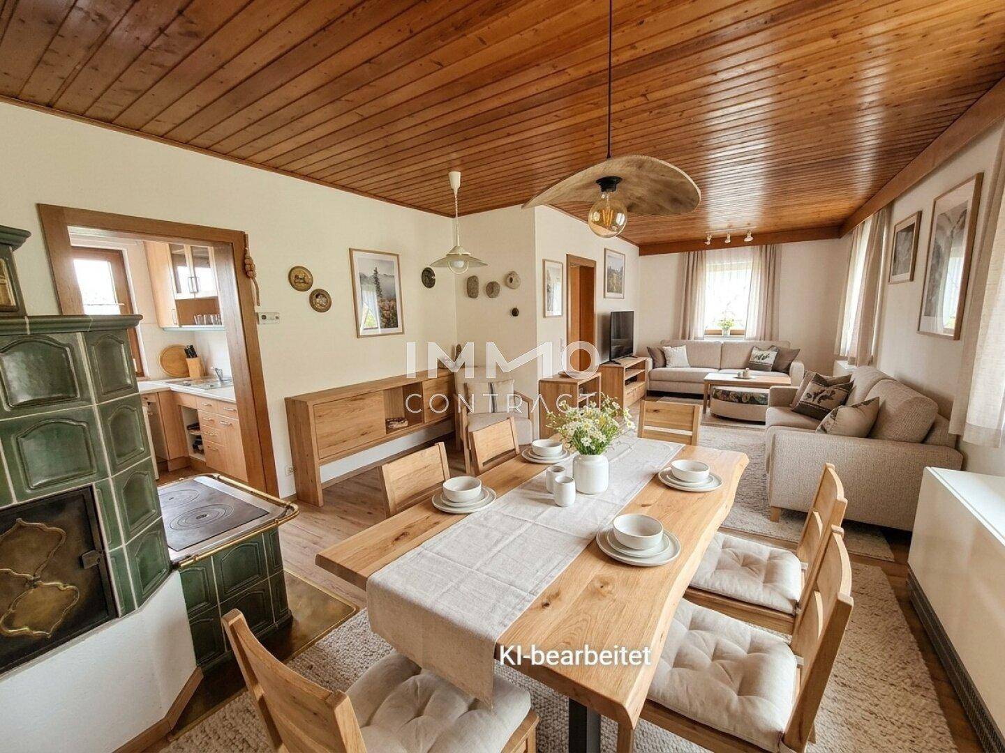 KI-bearbeiteter Wohn-Essbereich mit modernem Holztisch, Sofa und Kachelofen.