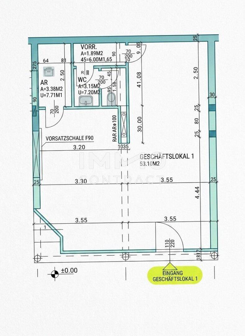 Grundrissplan eines Geschäftslokals mit Eingangsbereich, Vorraum, WC und Abstellraum.