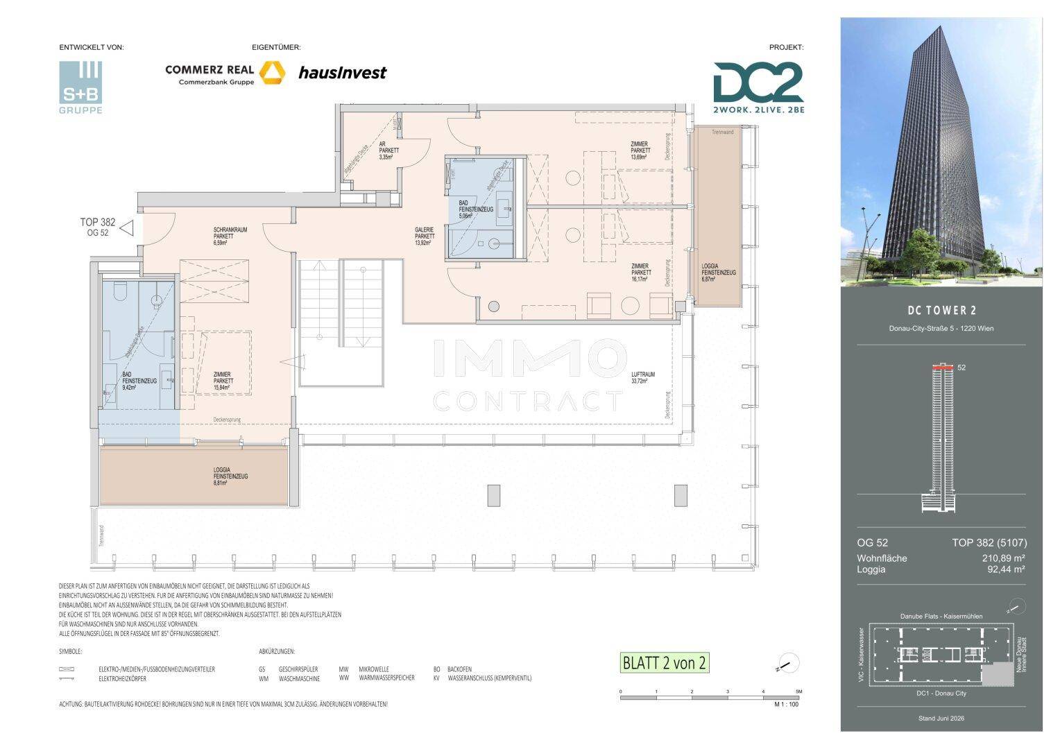 Grundrissplan des zweiten Geschosses mit Schlafzimmern, Bädern und Loggia.