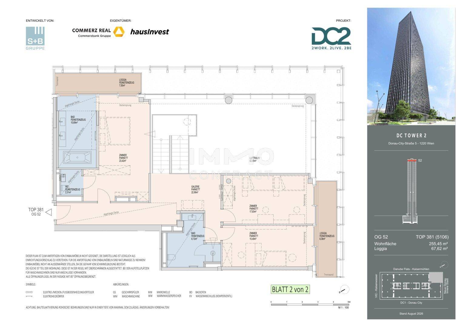 Grundriss des Obergeschosses mit Schlafzimmern, Bädern und Loggia, inklusive Gebäudevisualisierung.