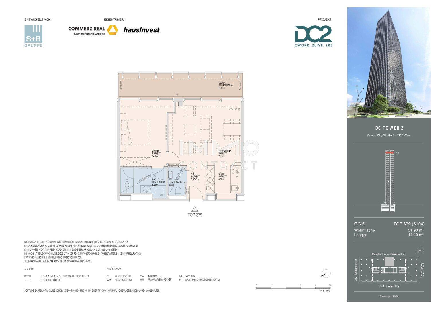 Grundriss einer Wohnung mit 51,90 m² Wohnfläche, Loggia und effizienter Raumaufteilung.
