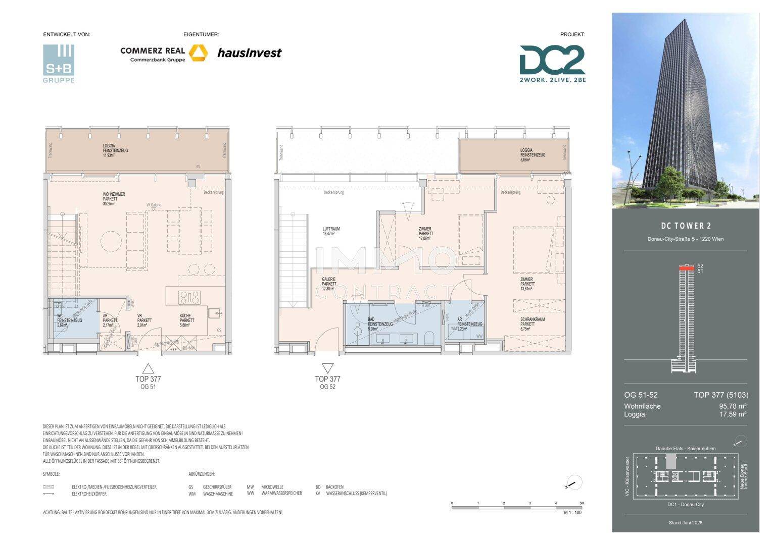Detaillierter Grundrissplan mit zwei Wohnungslayouts und Gebäudevisualisierung.