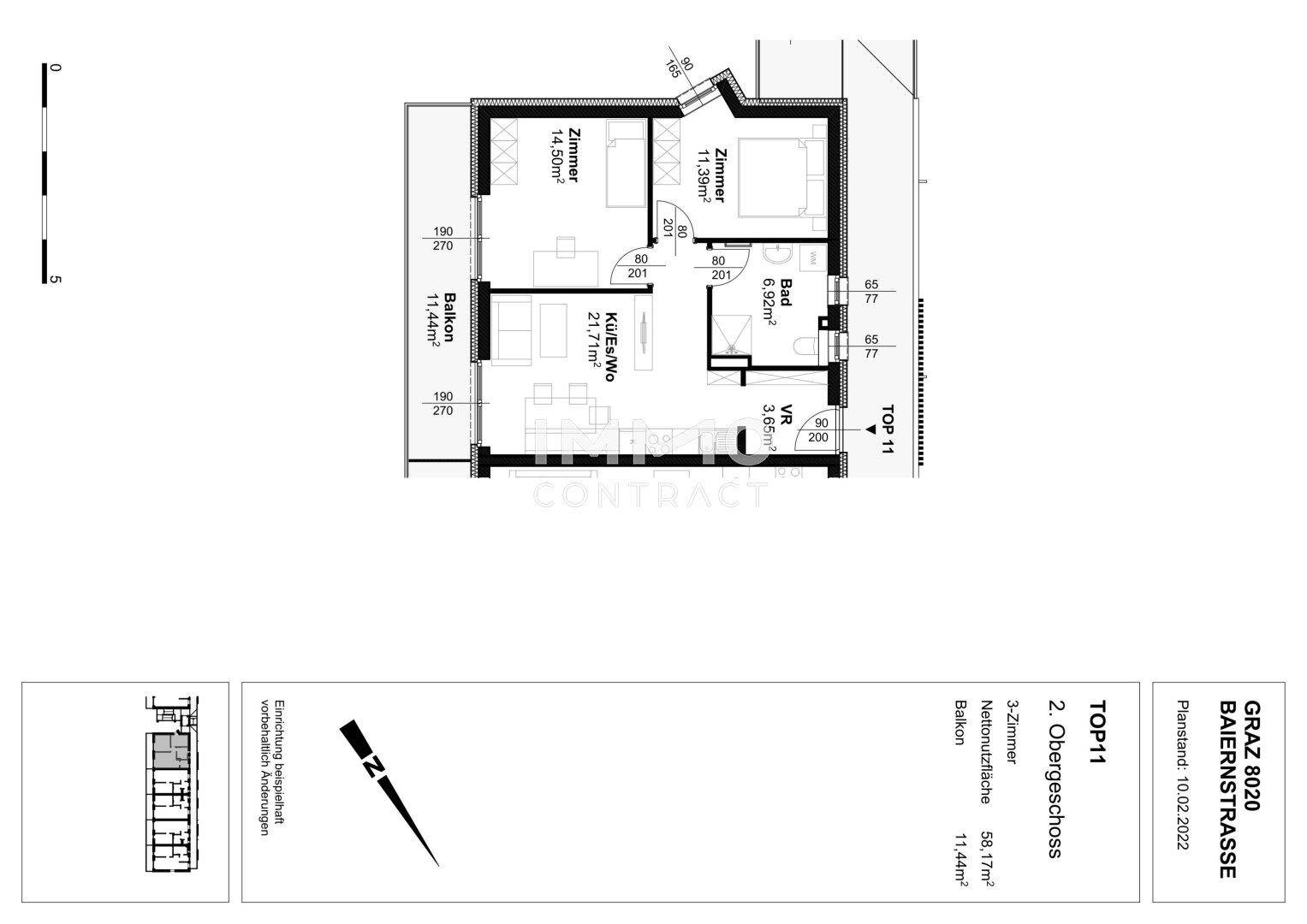 Detaillierter Grundriss der Wohnung TOP 11 mit drei Zimmern, Balkon und offener Wohnküche.