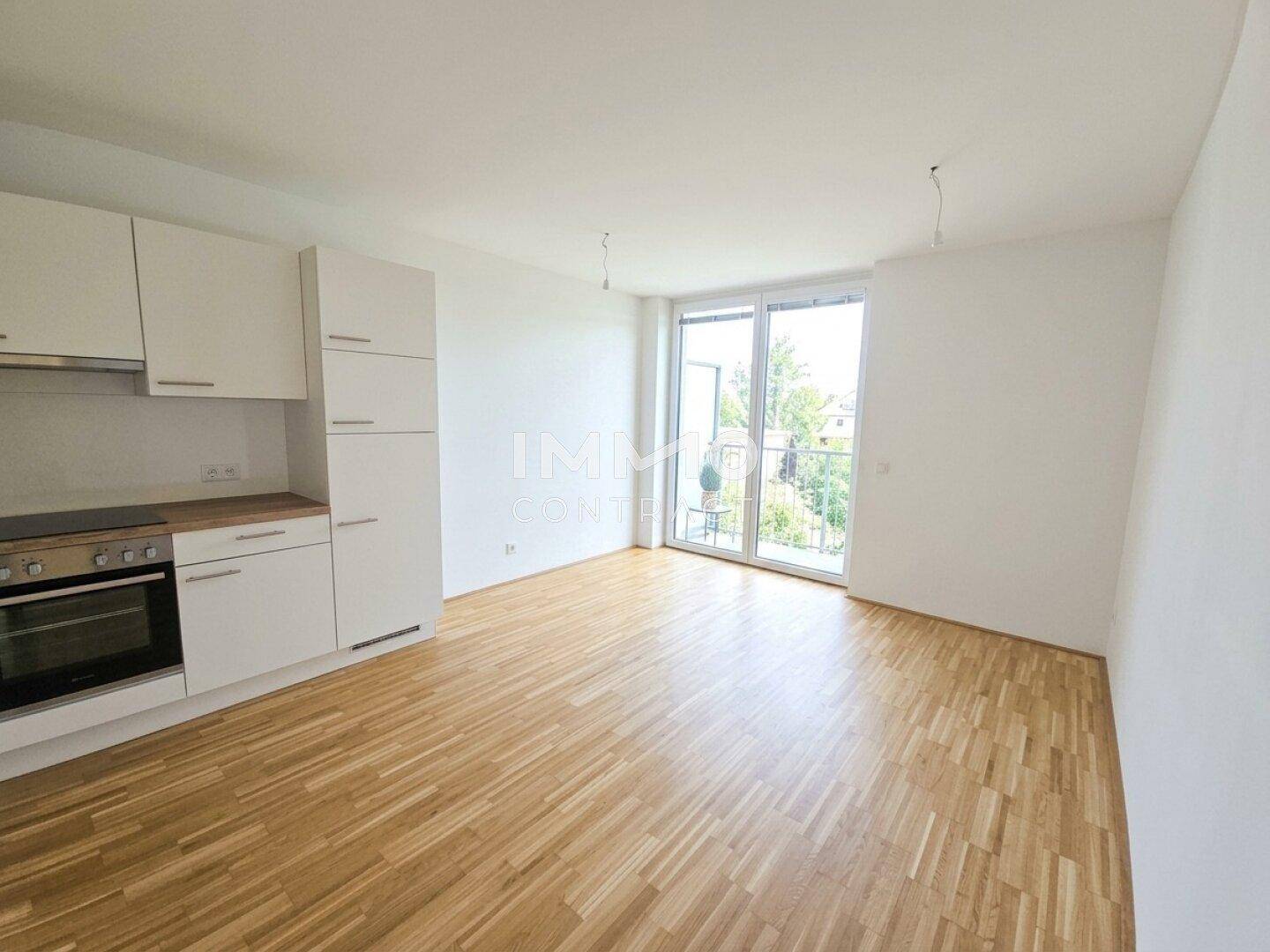 Heller Wohnbereich mit integrierter Küchenzeile, Parkettboden und Zugang zu einem sonnigen Balkon.