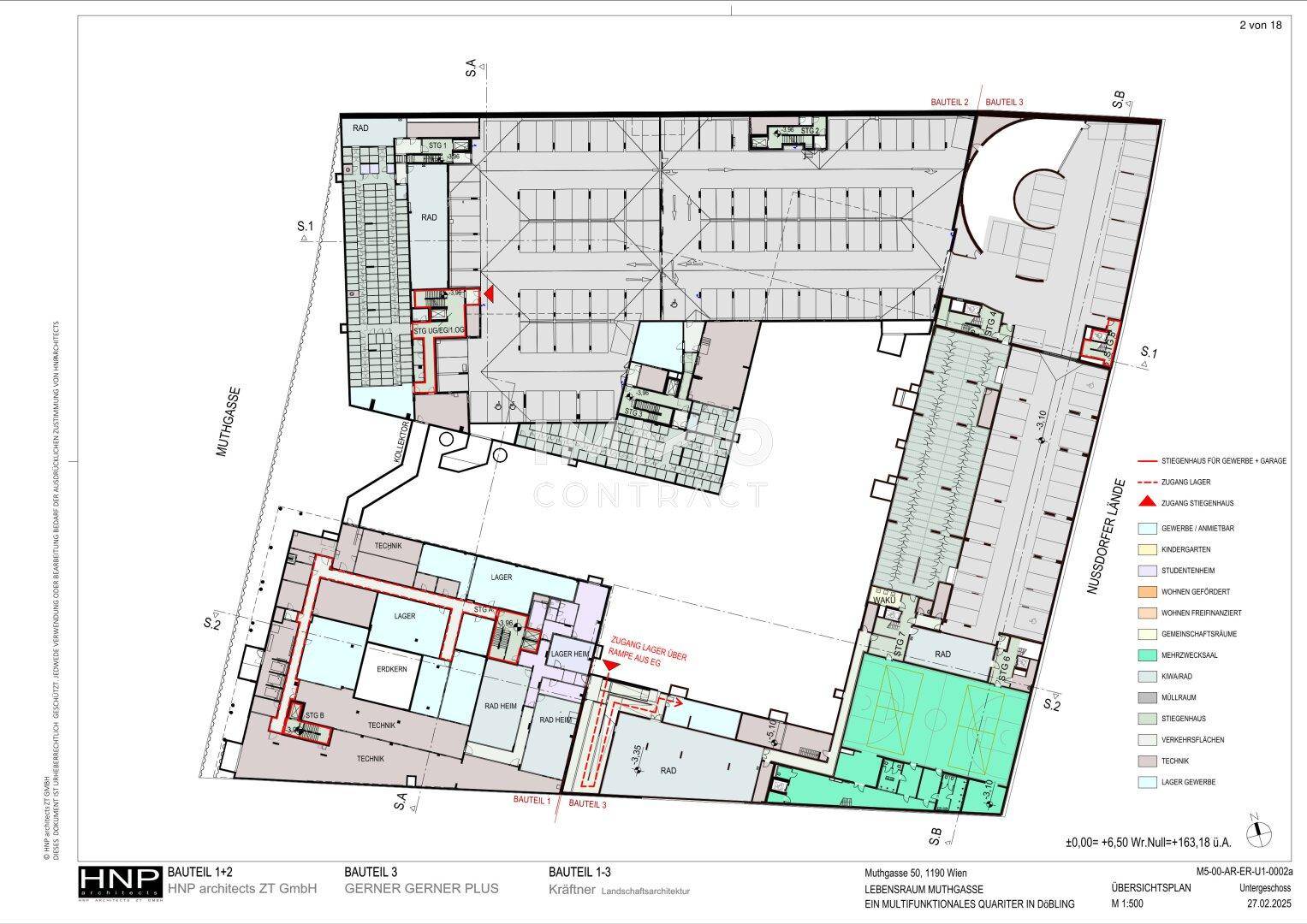 Übersichtsplan eines multifunktionalen Quartiers mit Tiefgarage und verschiedenen Gebäudeteilen im Untergeschoss.