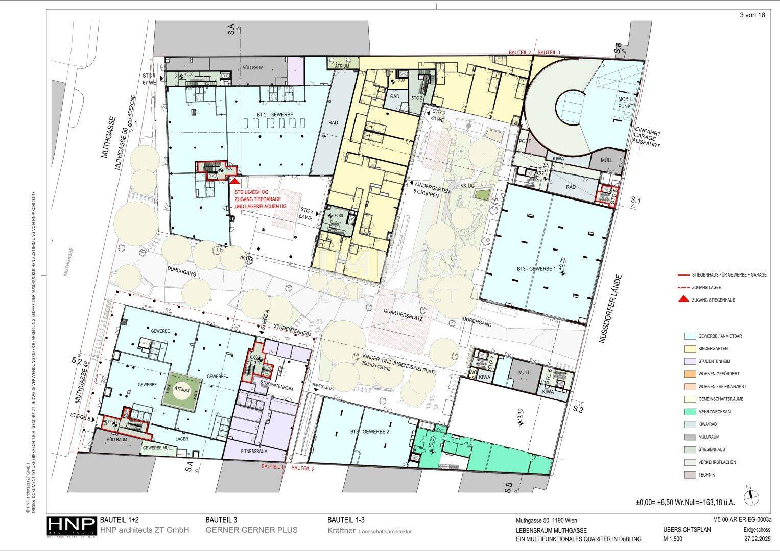 Übersichtsplan des Erdgeschosses eines multifunktionalen Quartiers mit Gewerbeflächen und Außenbereichen.