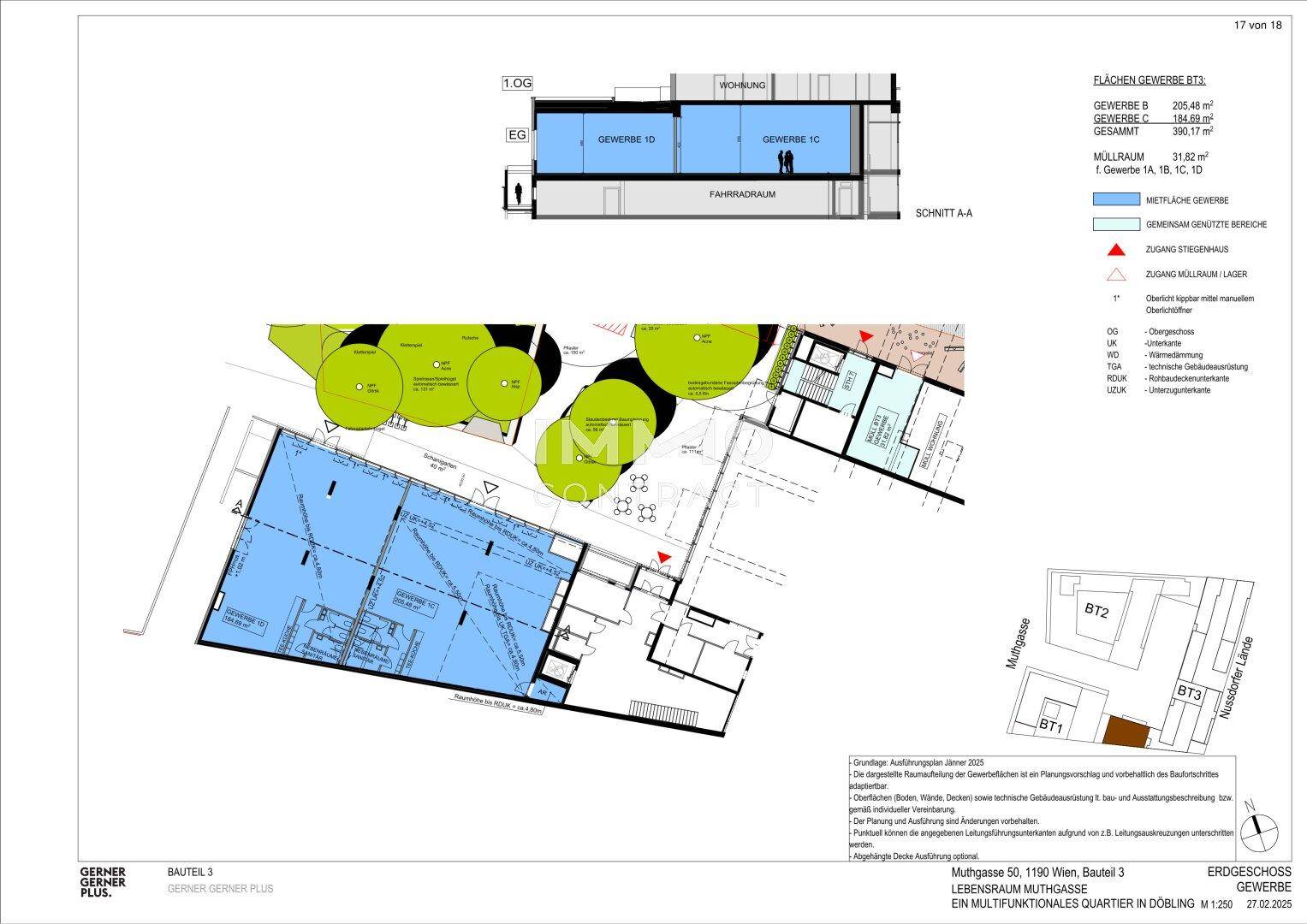 Grundriss und Schnittansicht des Erdgeschosses von Bauteil 3 mit Gewerbeflächen und Fahrradraum.
