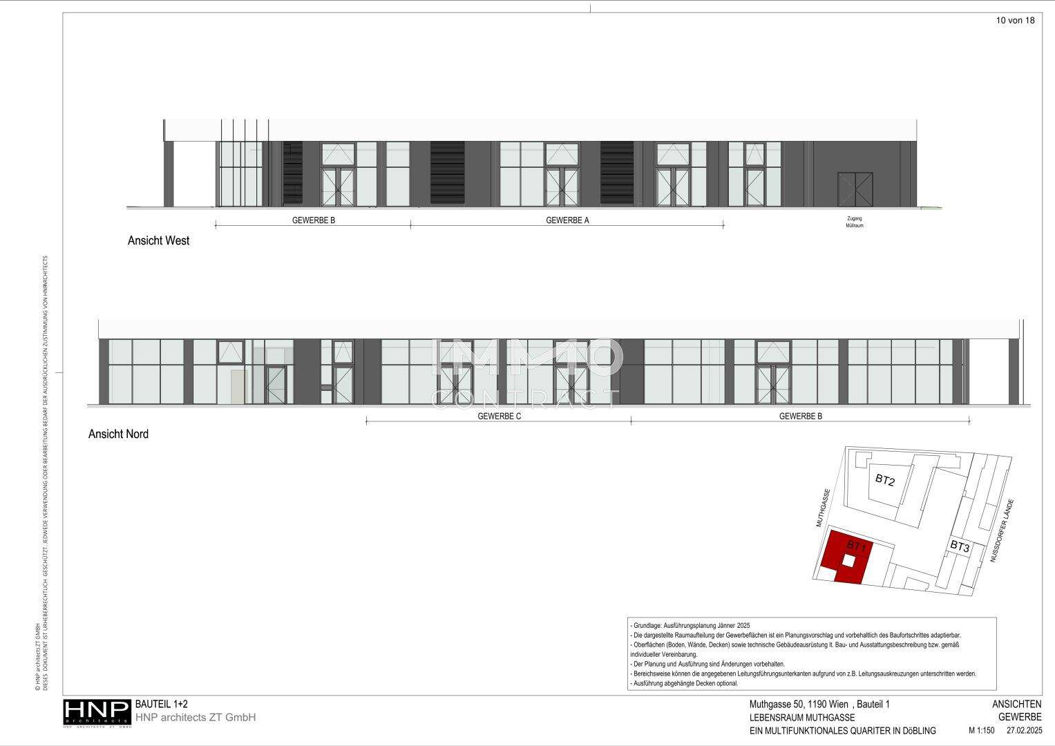 Ansichten West und Nord eines Gewerbegebäudes mit großen Fensterfronten.