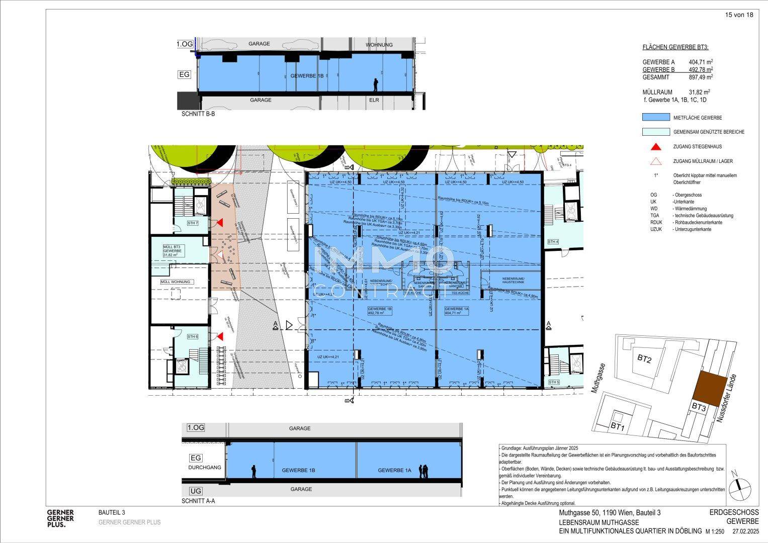 Grundriss und Schnittansichten des Erdgeschosses von Bauteil 3 mit Gewerbeflächen und Garage.