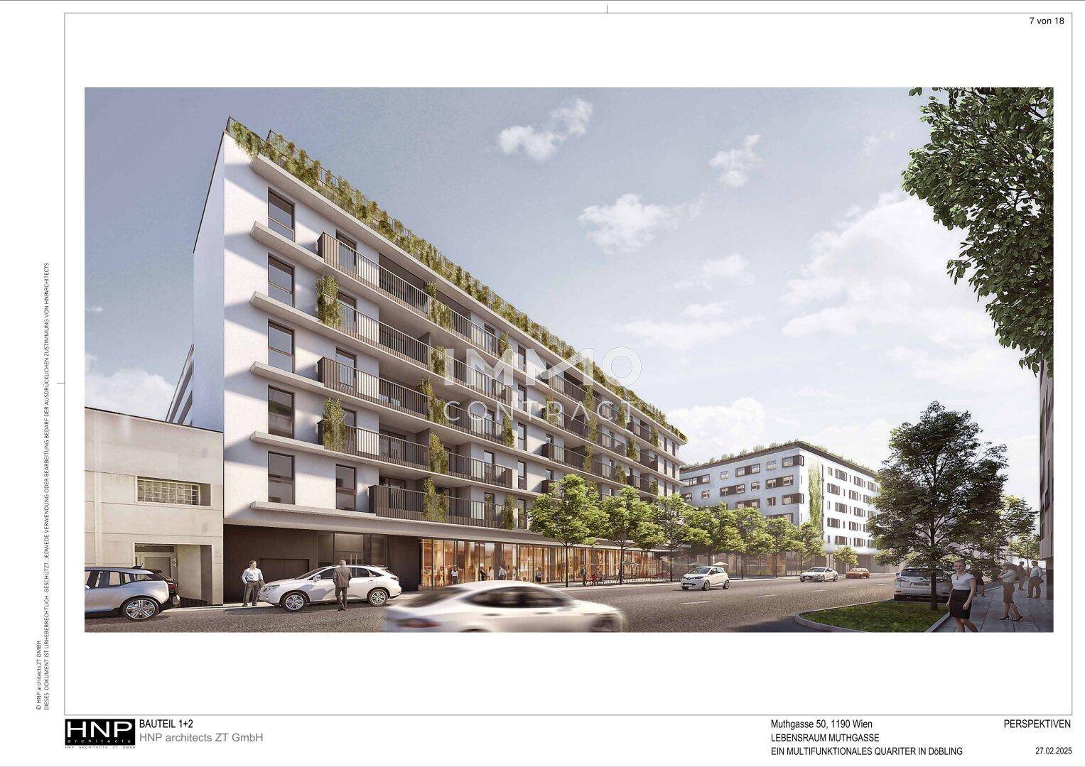 Moderne Gebäudefassade mit Balkonen und Geschäften im Erdgeschoss entlang der Straße.