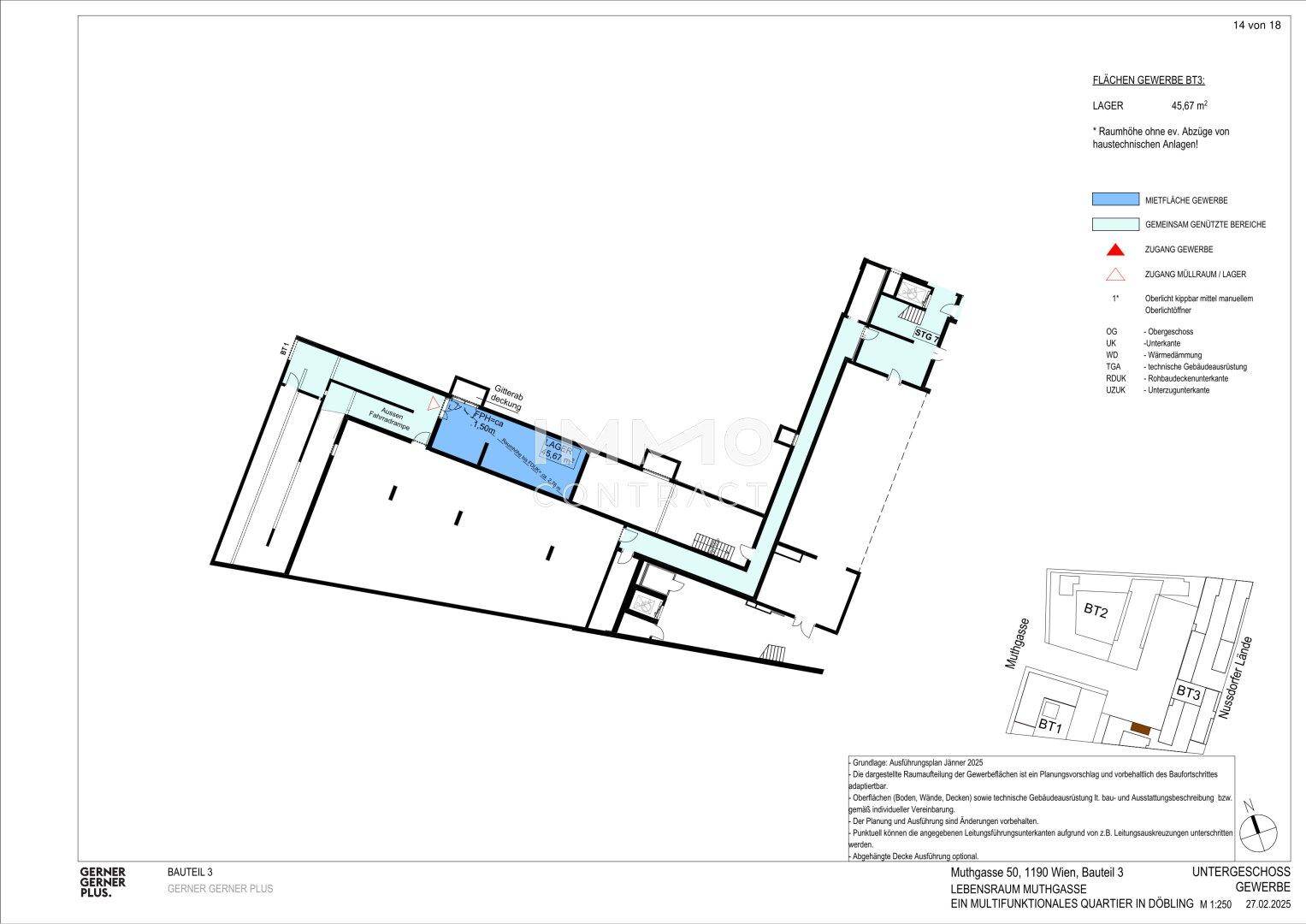Grundriss des Untergeschosses von Bauteil 3 mit Lagerflächen und Zugangsbereichen.