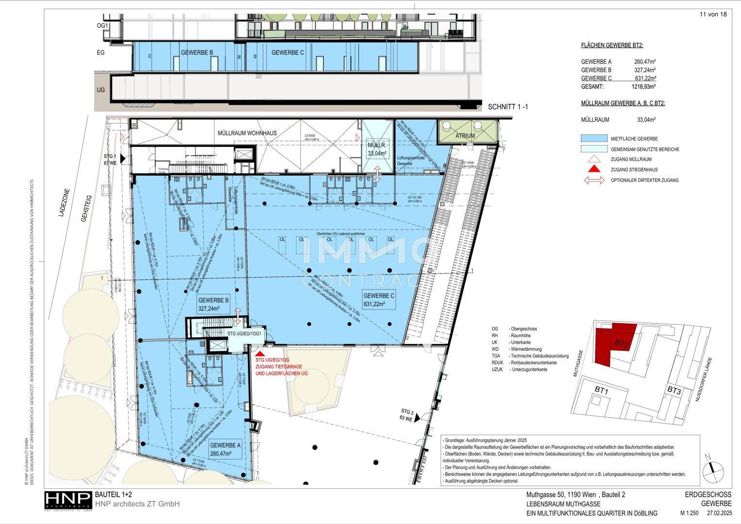 Grundriss und Schnittansicht des Erdgeschosses von Bauteil 2 mit Gewerbeflächen.