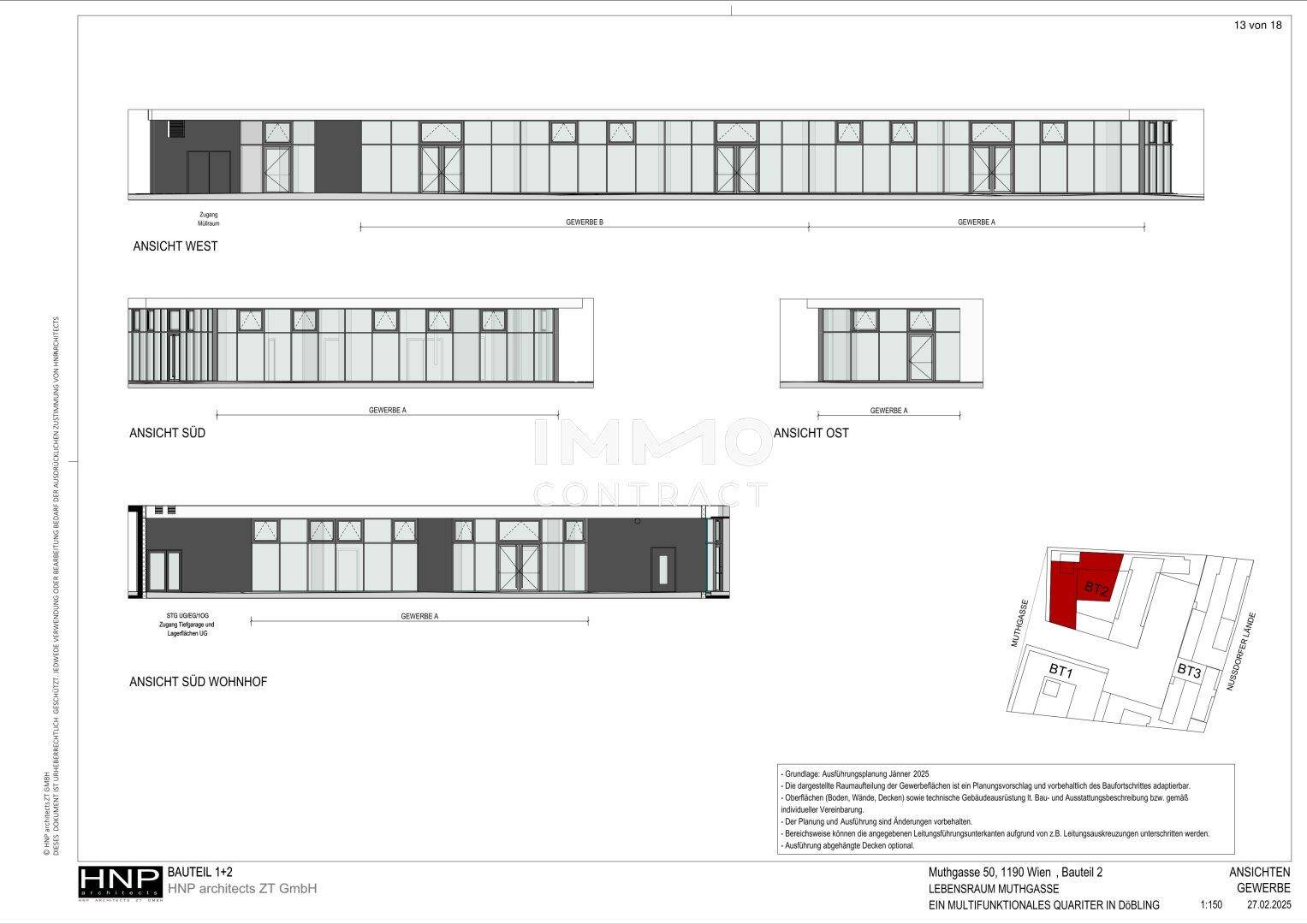 Verschiedene Ansichten von Bauteil 2, die die Fassadengestaltung und Fenster zeigen.