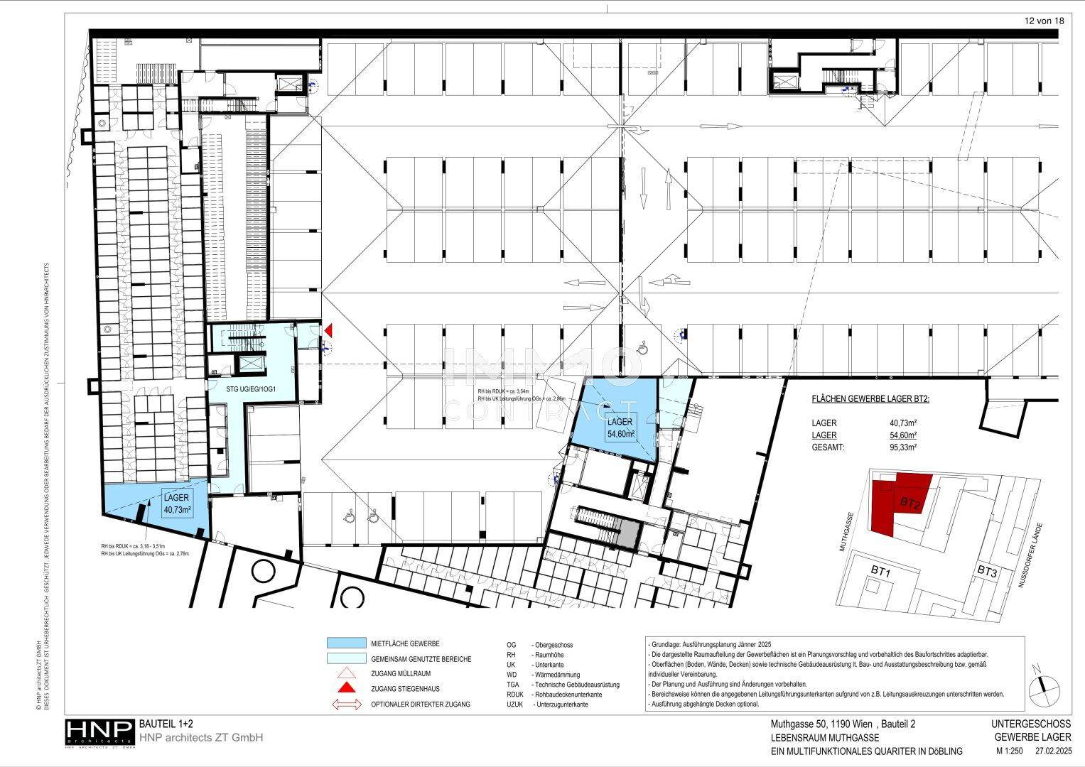 Grundriss des Untergeschosses von Bauteil 2 mit Tiefgarage und Lagerbereichen.