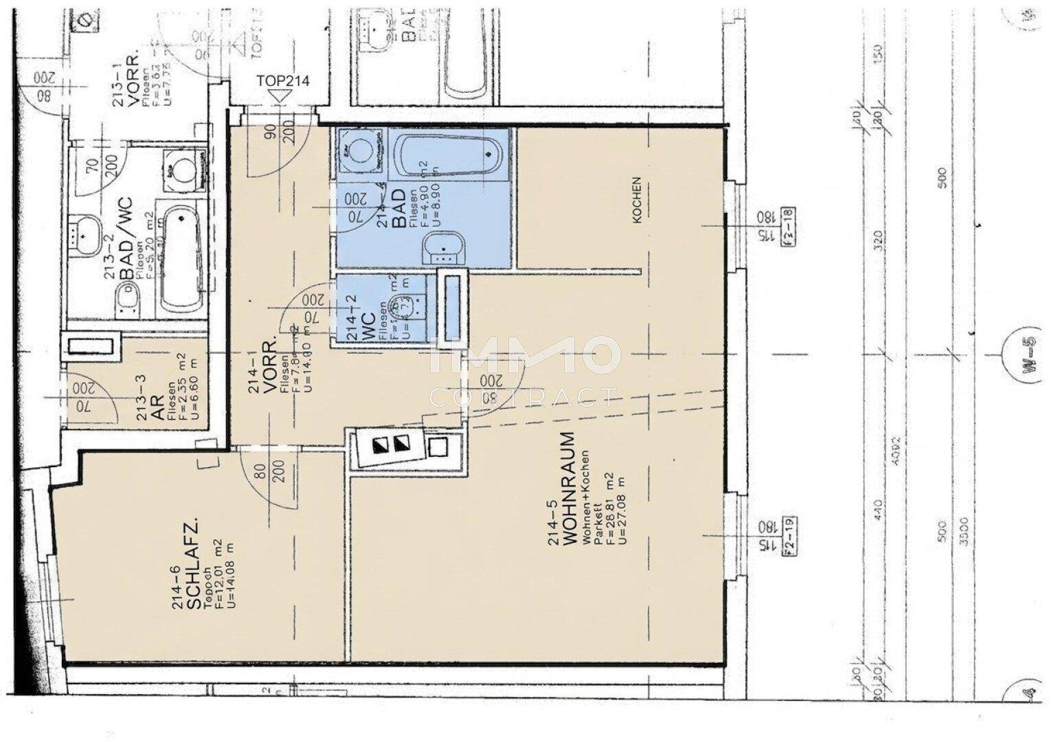 Detaillierter Grundriss der Wohnung mit Wohnraum, Schlafzimmer, Bad und Küche.