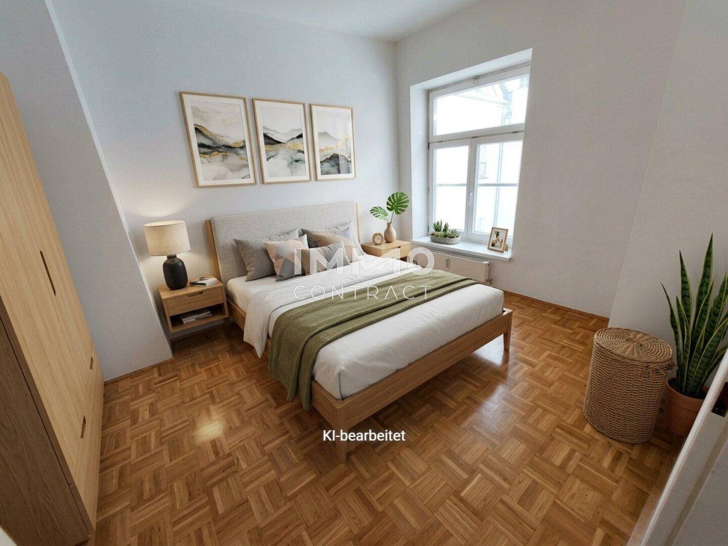 Virtuell eingerichtetes Schlafzimmer mit Parkettboden, großem Fenster und moderner Dekoration.