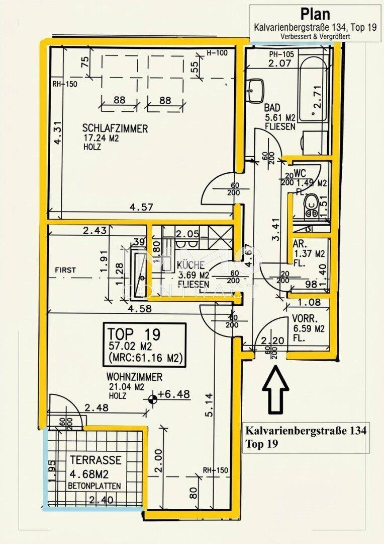 Grundriss der Wohnung Top 19 mit Wohnzimmer, Schlafzimmer, Küche und Terrasse.
