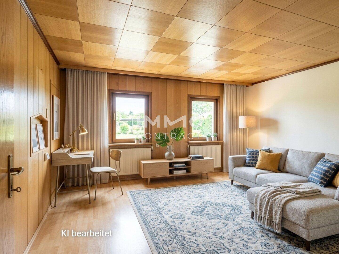 Modern eingerichtetes Wohnzimmer mit Holzvertäfelung, Laminatboden und Blick ins Grüne.