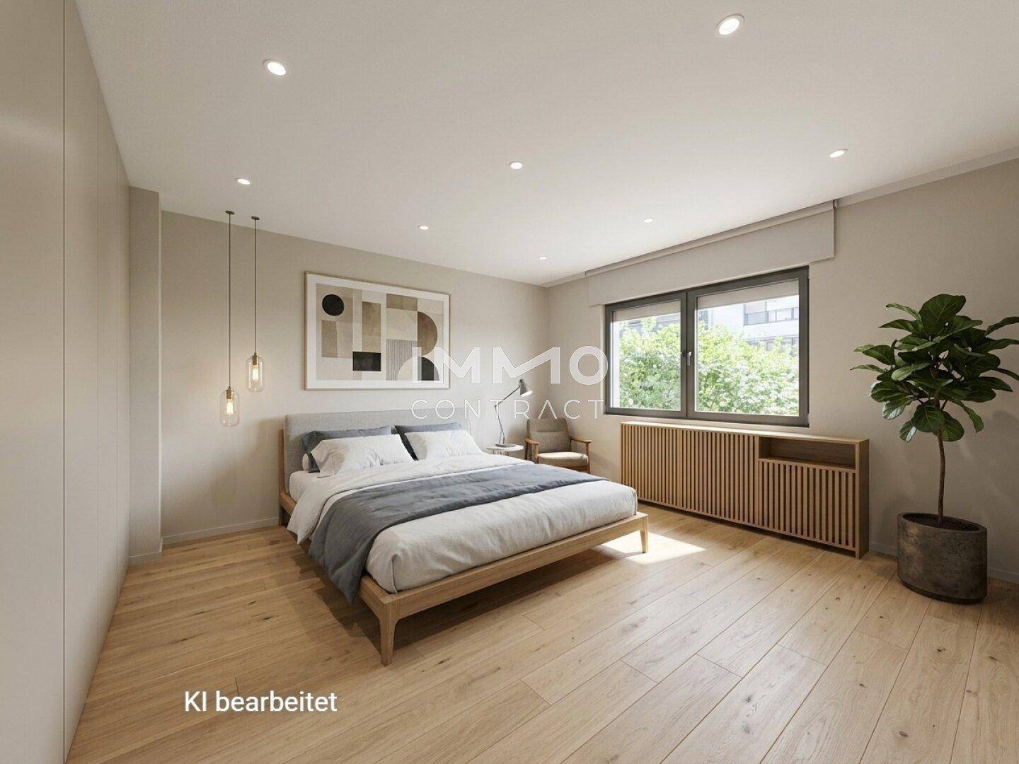Modernes Schlafzimmer mit Holzboden, großen Fenstern und indirekter Beleuchtung.