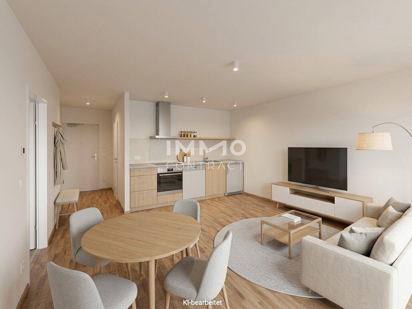 Offener Wohnbereich mit integrierter Küche, Essplatz und modernem Wohnzimmer mit Holzboden.