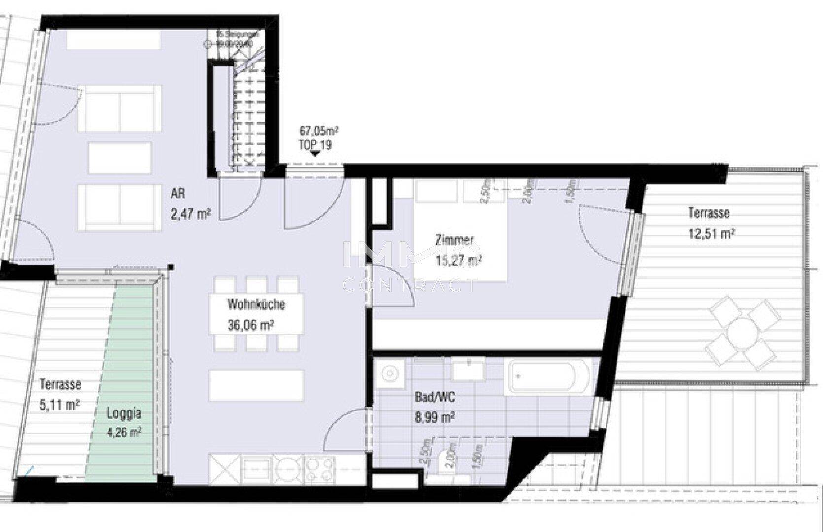 Grundriss einer Wohnung mit Wohnküche, Zimmer, Bad/WC, Terrasse und Loggia.
