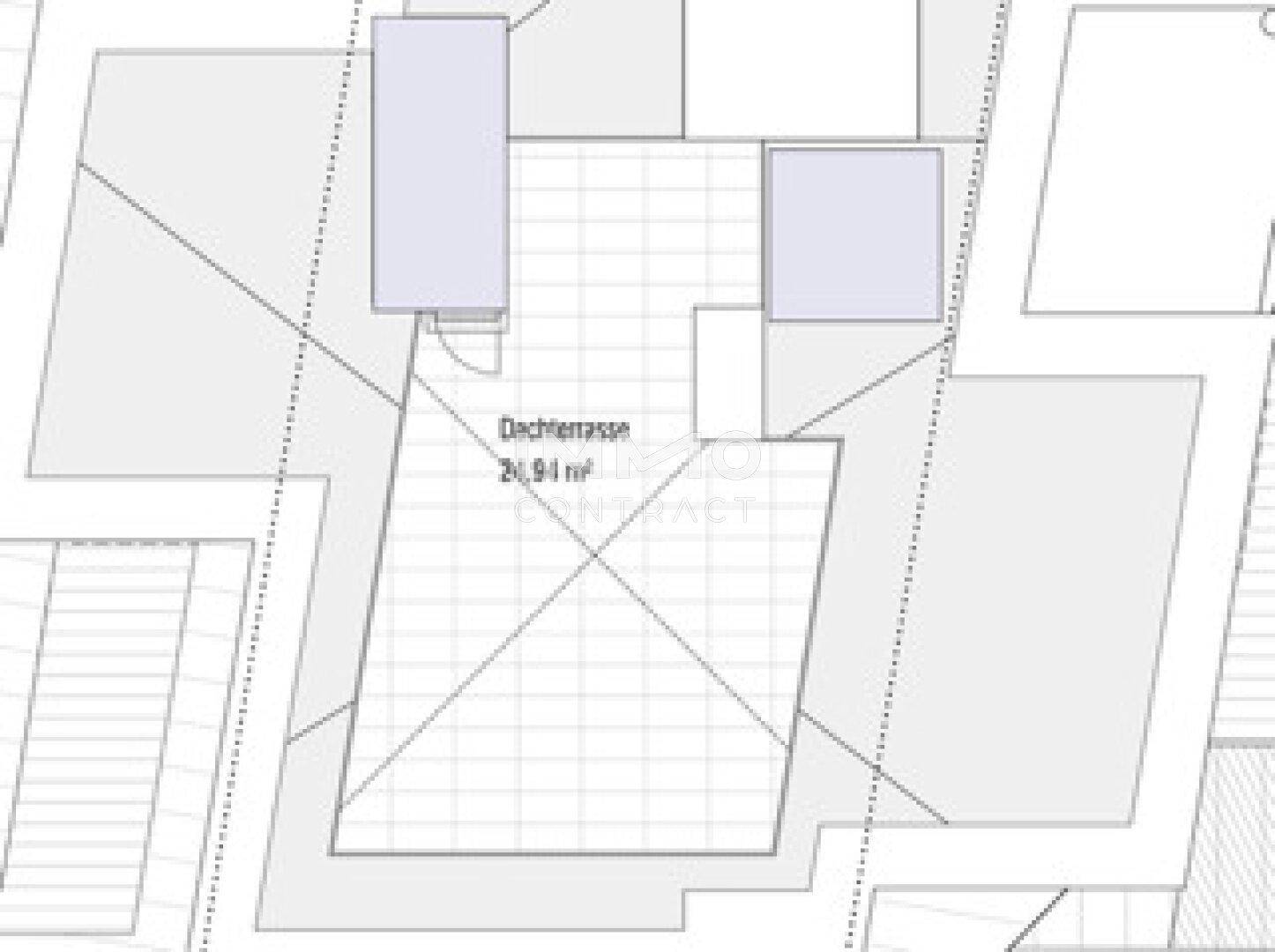 Grundriss mit eingezeichneter Dachterrasse und umliegenden Gebäudestrukturen.
