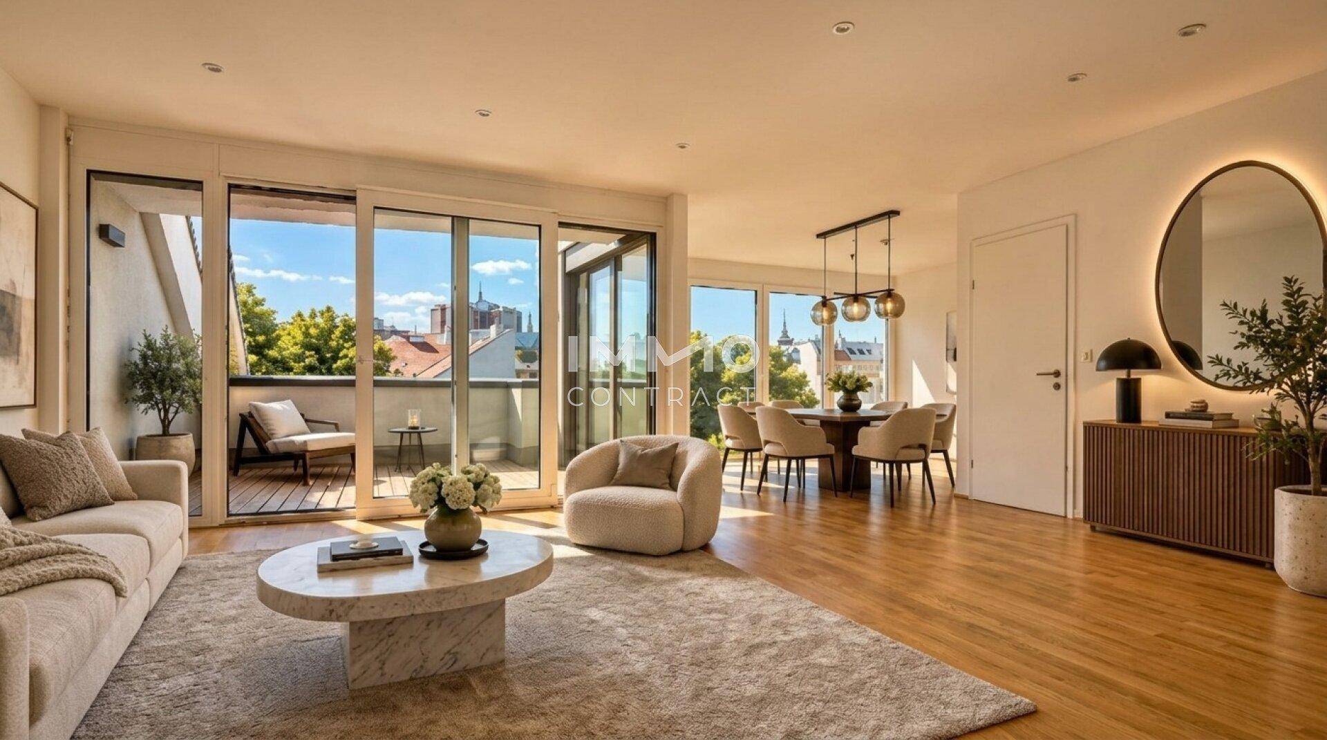Helles Wohn- und Esszimmer mit Holzboden, Zugang zu einem Balkon und moderner Einrichtung.