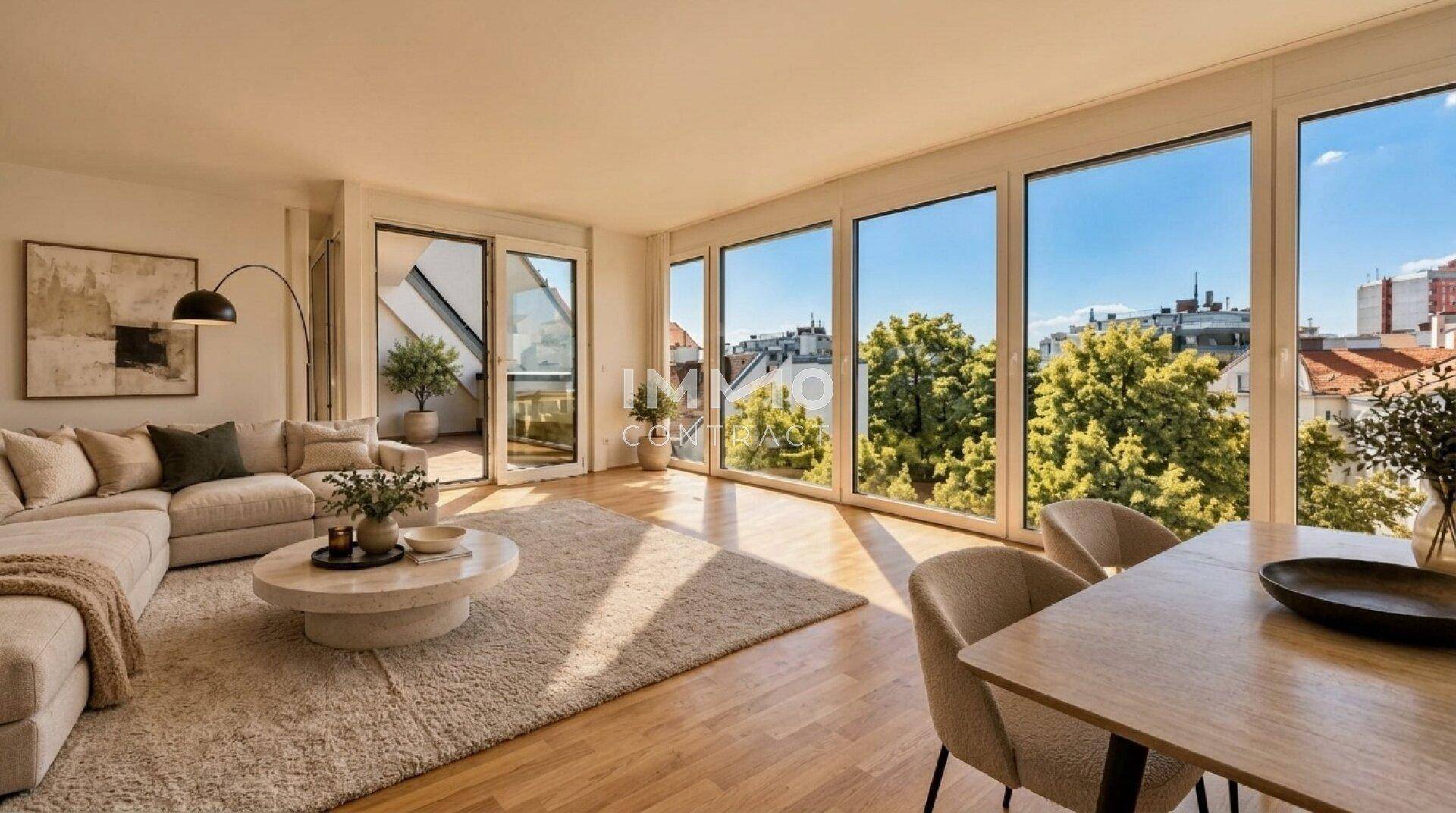 Lichtdurchfluteter Wohnbereich mit großen Fenstern, Holzboden und Blick auf die Stadt.