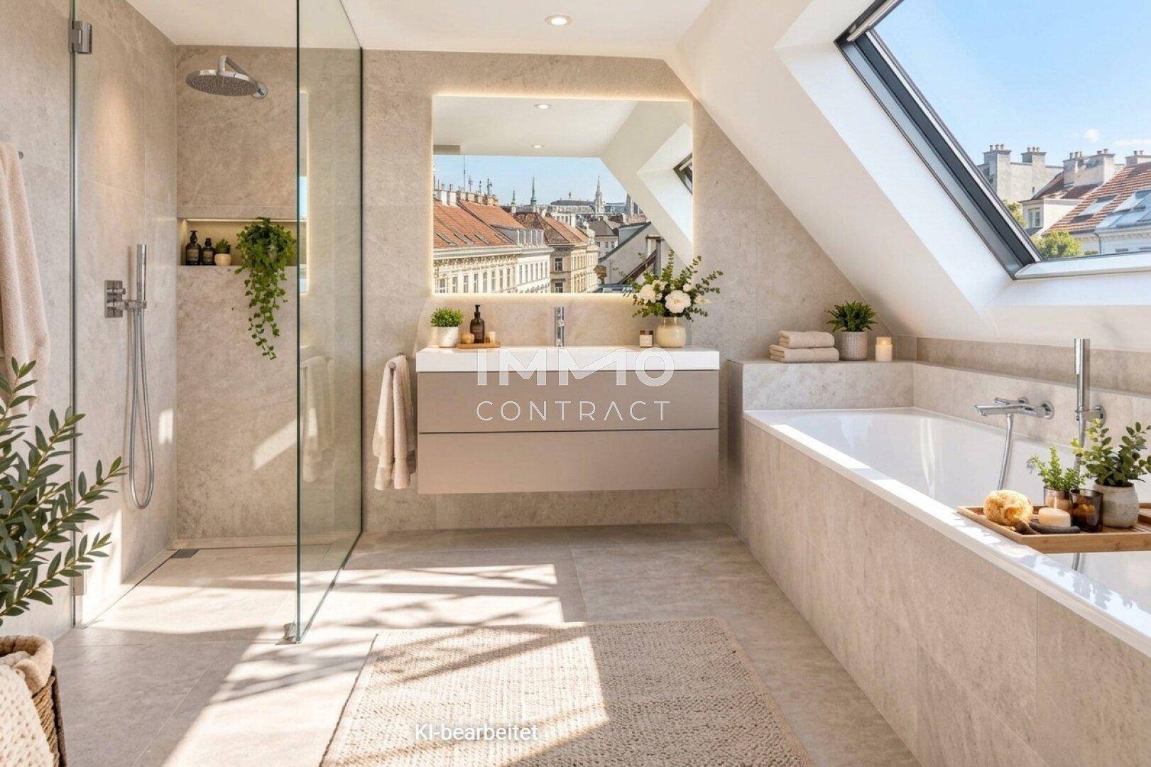 Modernes Badezimmer mit begehbarer Dusche, Badewanne und Dachfenster, hell gefliest.