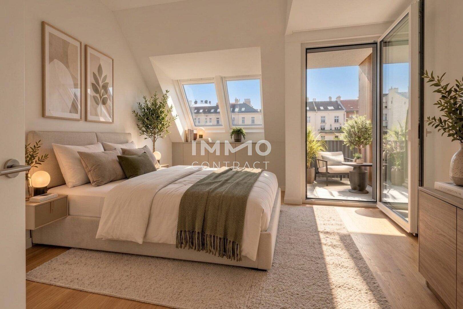 Helles Schlafzimmer mit Dachschrägen, großen Dachfenstern und Zugang zu einem kleinen Balkon.