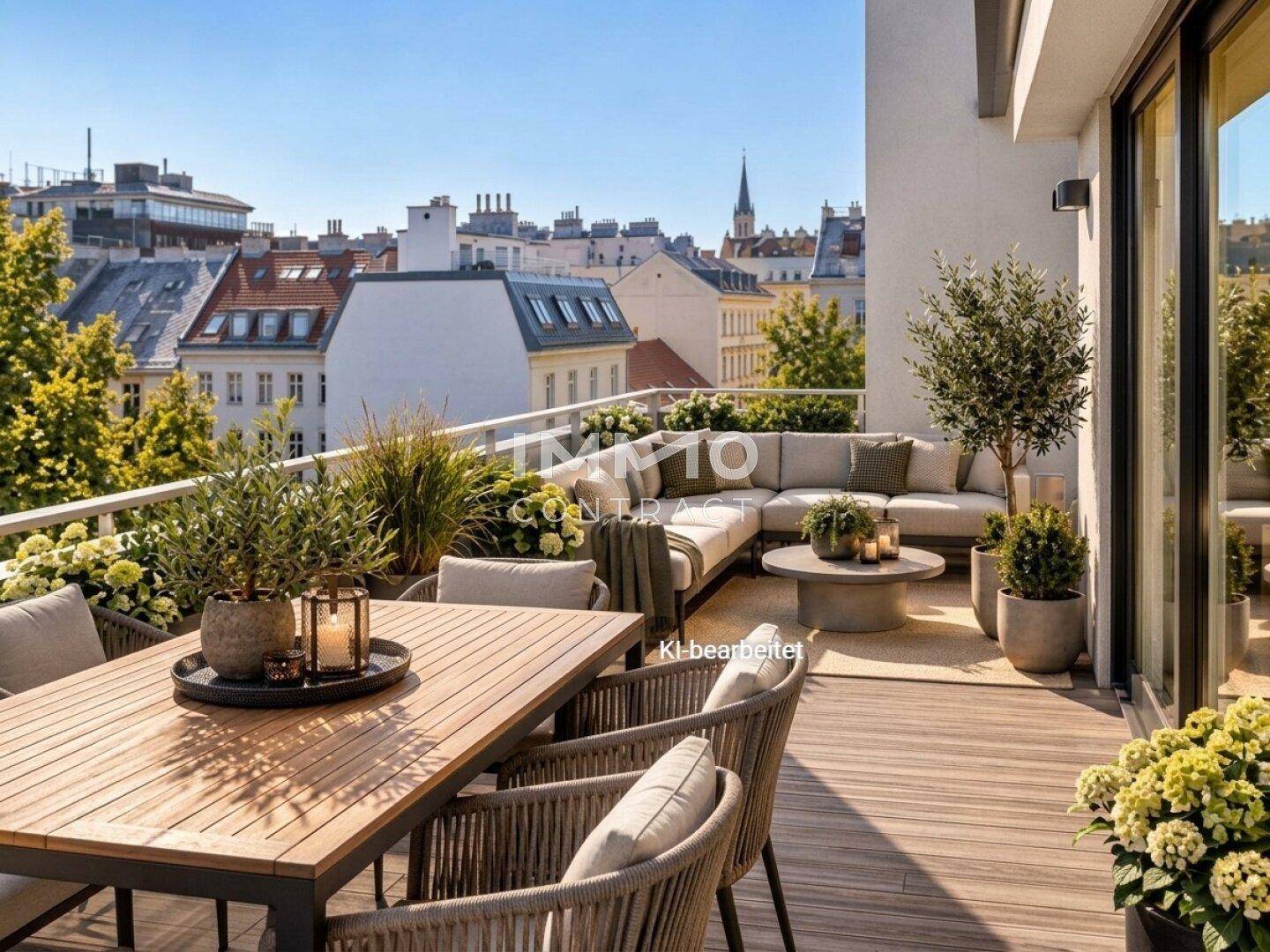 Elegante Dachterrasse mit Essbereich und Lounge-Möbeln, umgeben von Pflanzen und Stadtblick.