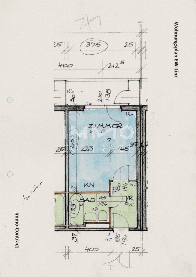 Handgezeichneter Grundriss einer Wohnung mit Zimmer, Küche und Bad.