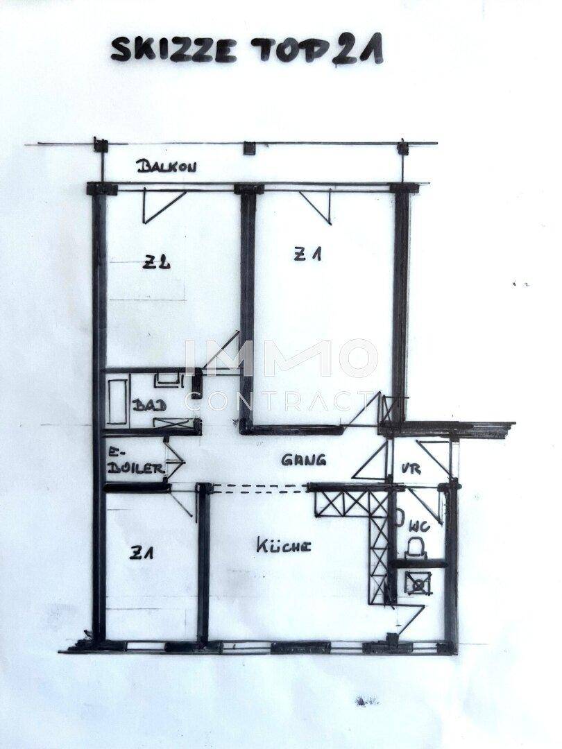 Handgezeichneter Grundriss der Wohnung mit Balkon, Küche und mehreren Zimmern.