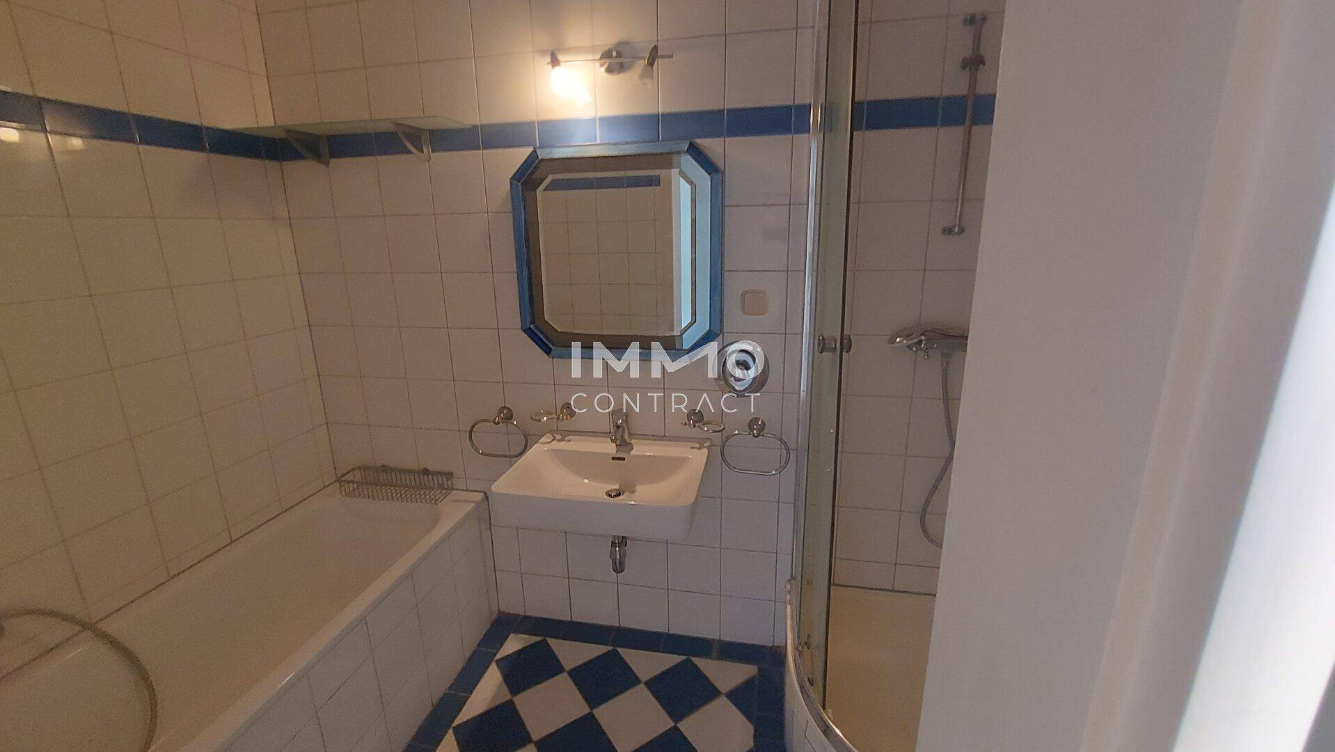 Badezimmer mit Badewanne, Dusche, Waschbecken und auffälligen blau-weißen Fliesen.