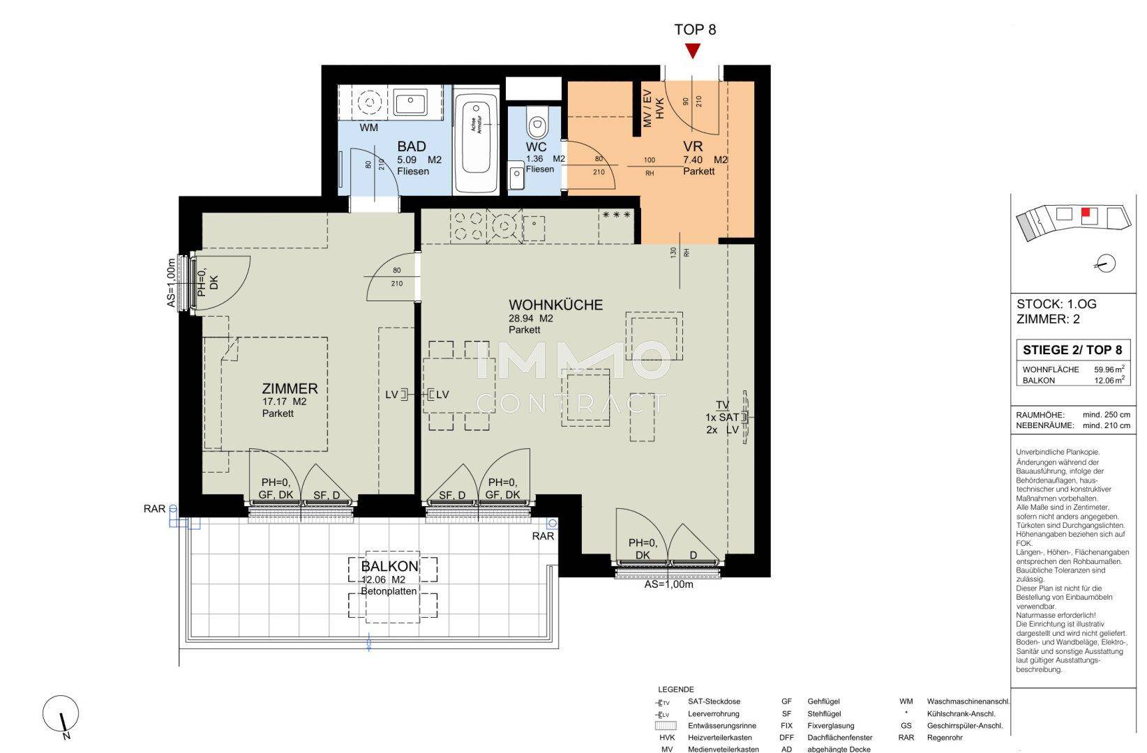 Grundriss einer Wohnung mit offener Wohnküche, einem Zimmer, Bad, separatem WC und Balkon.
