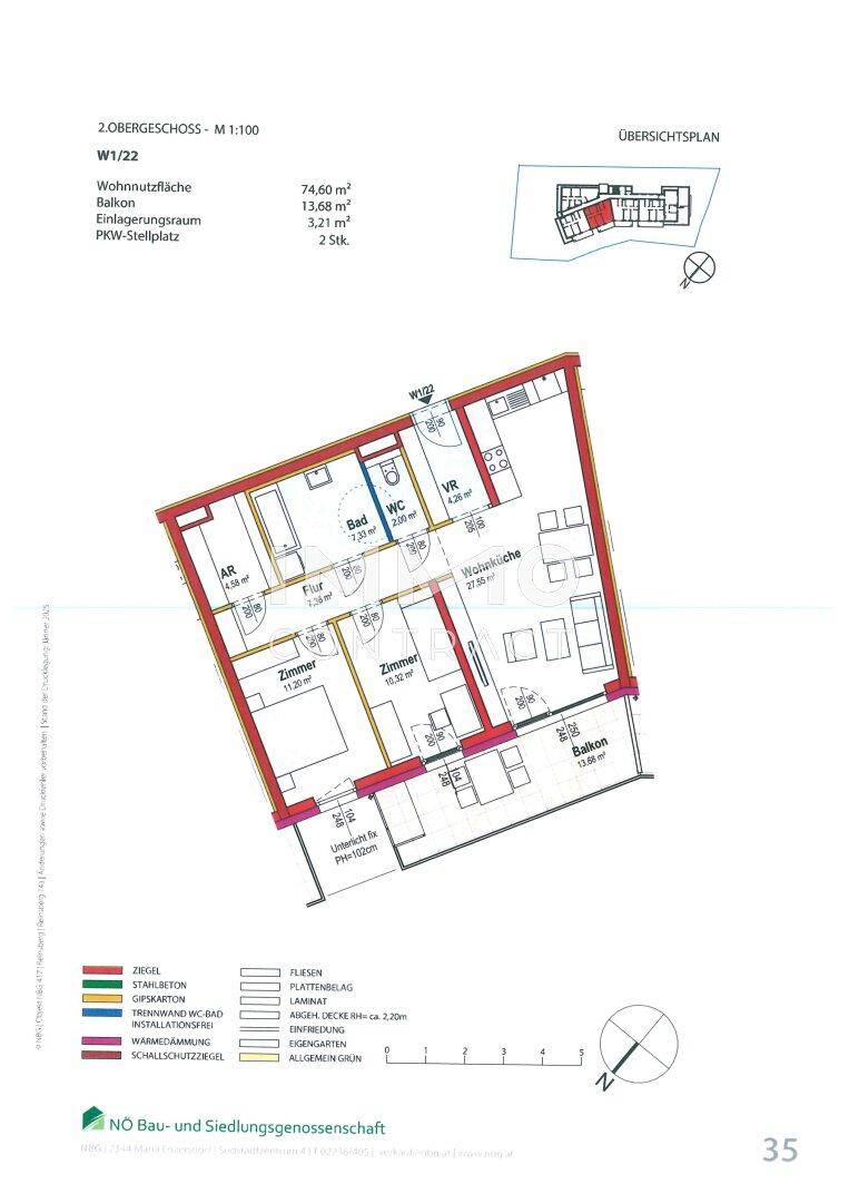 Grundriss einer Wohnung im zweiten Obergeschoss mit Balkon und drei Zimmern.