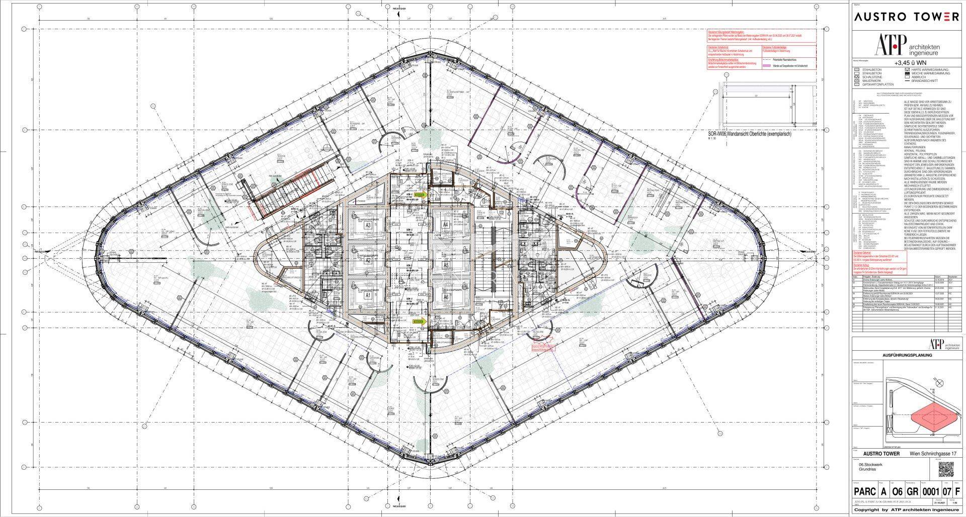 Detaillierter Grundriss des Austro Towers, der mehrere Wohneinheiten auf einer oberen Etage mit offenem Layout zeigt.