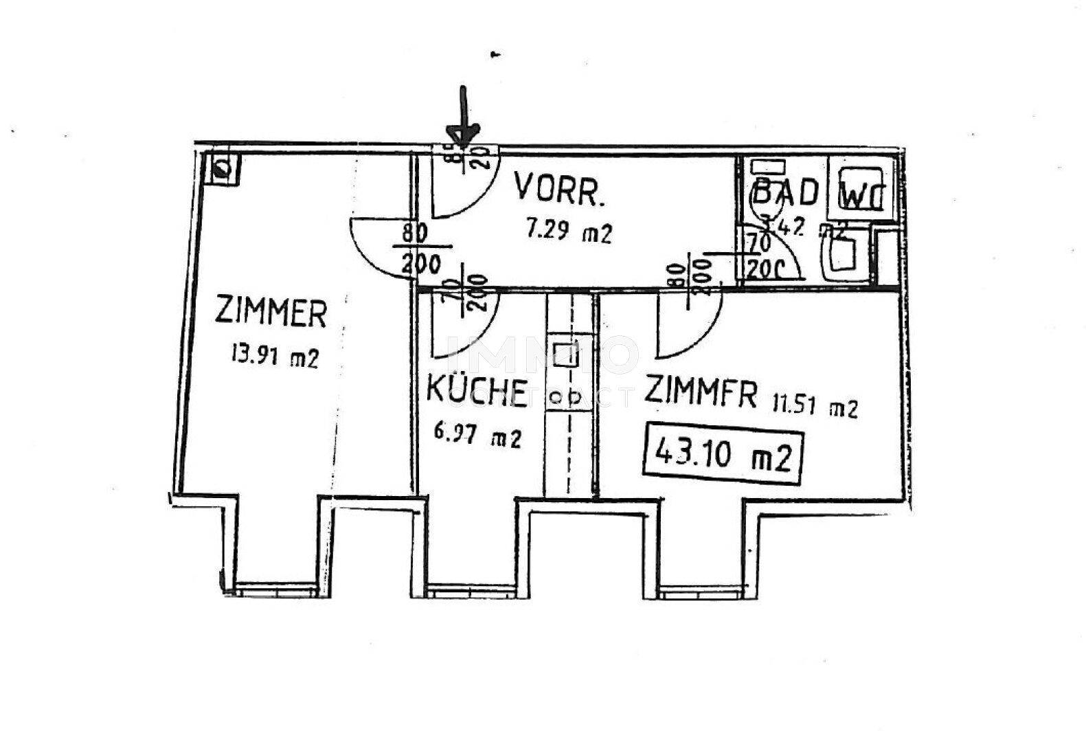 Grundrissplan einer Wohnung mit zwei Zimmern, Küche, Bad und separatem WC.