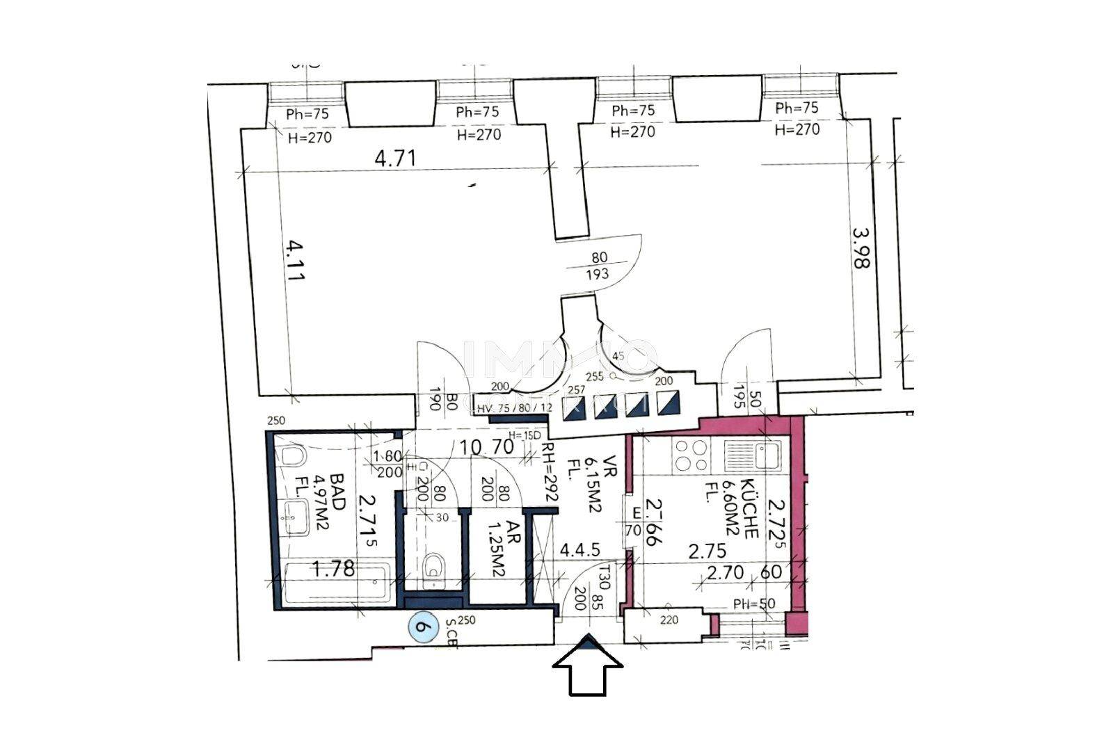 Detaillierter Grundrissplan einer Wohnung mit separater Küche, Badezimmer und Abstellraum, sowie zwei weiteren Wohnbereichen.