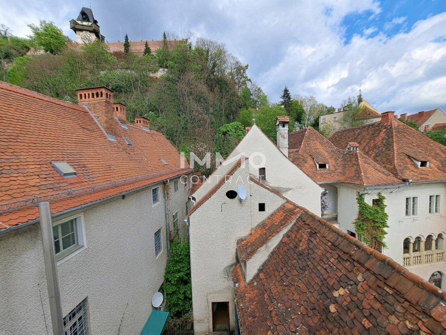 Blick über traditionelle Ziegeldächer mit Schornsteinen und dem Uhrturm im Hintergrund unter bewölktem Himmel.