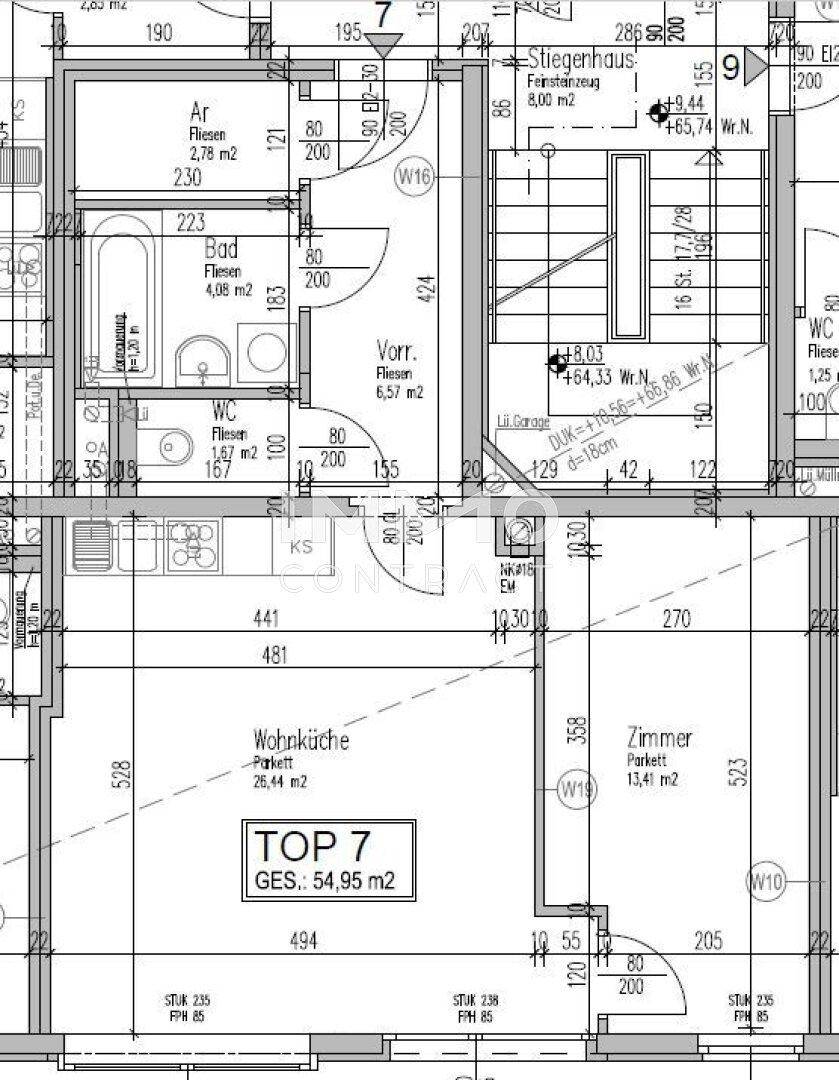 Grundriss der Wohnung Top 7 mit Wohnzimmer, Schlafzimmer, Bad und WC.
