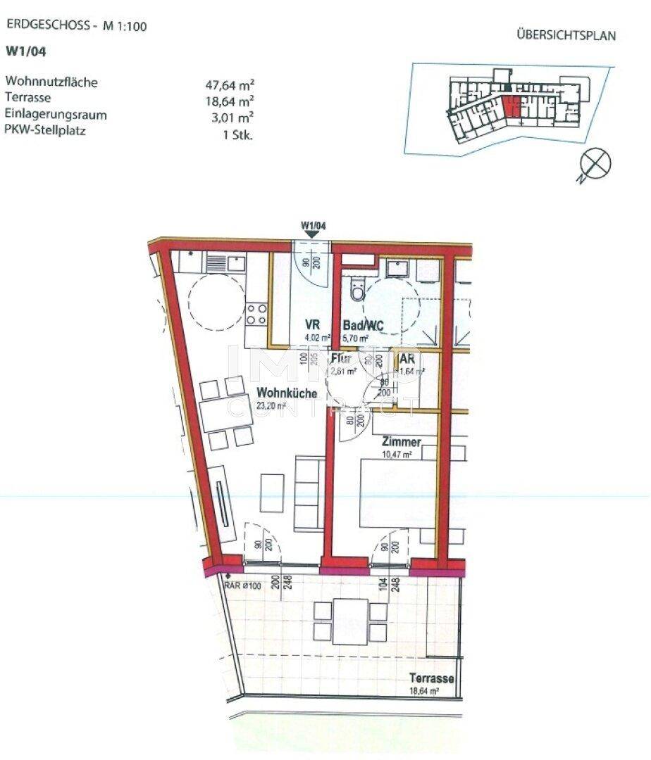Grundriss einer modernen Erdgeschosswohnung mit offener Wohnküche, einem Schlafzimmer und großer Terrasse.
