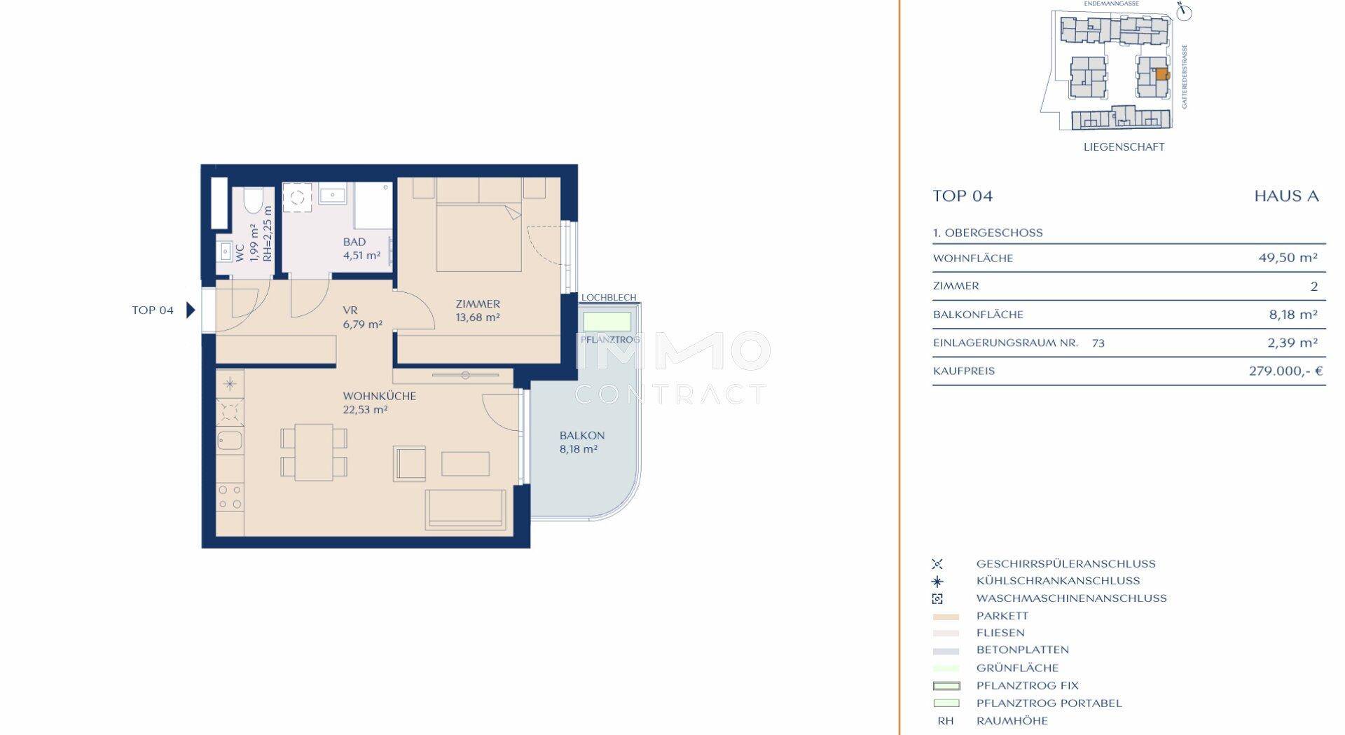 Grundriss einer Wohnung mit Wohnbereich, Schlafzimmer, Bad und Balkon, inklusive Flächenangaben.