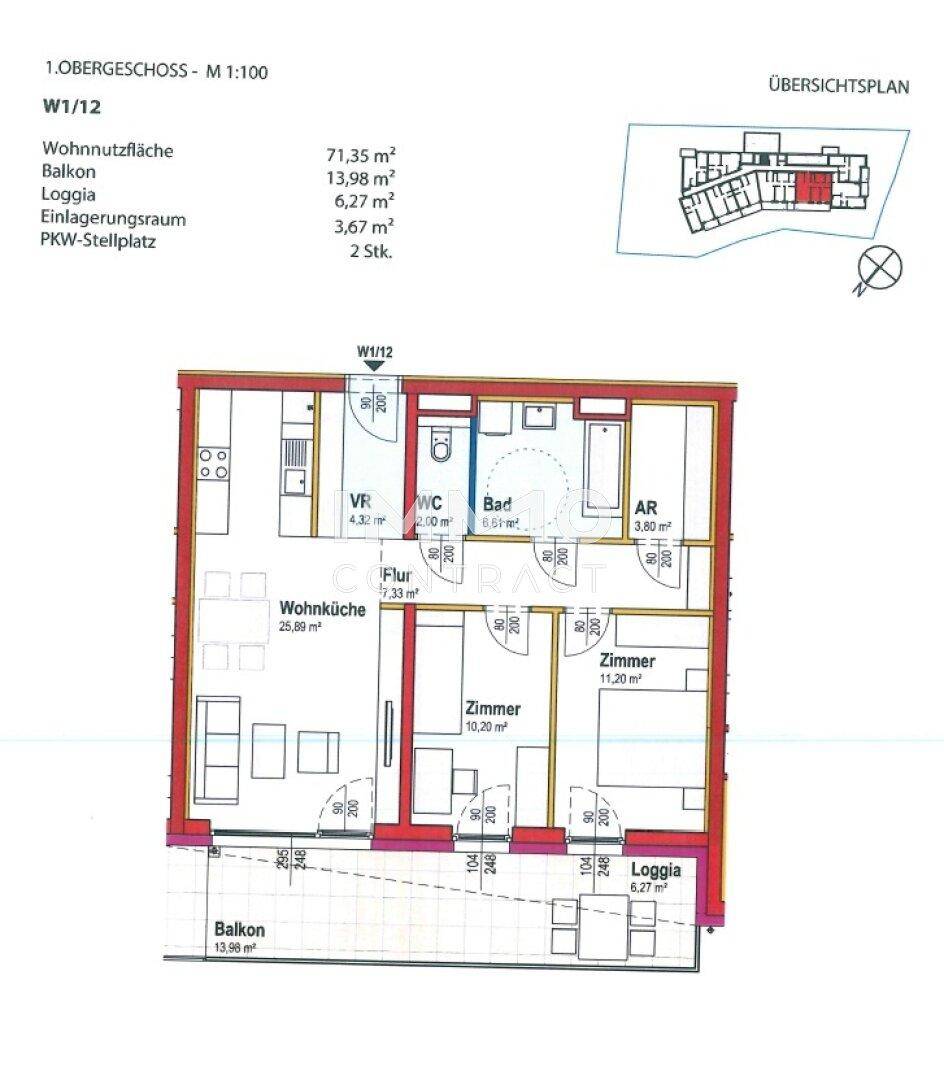 Grundriss einer Wohnung im ersten Obergeschoss mit offener Wohnküche, zwei Zimmern, Bad, separatem WC, Balkon und Loggia.