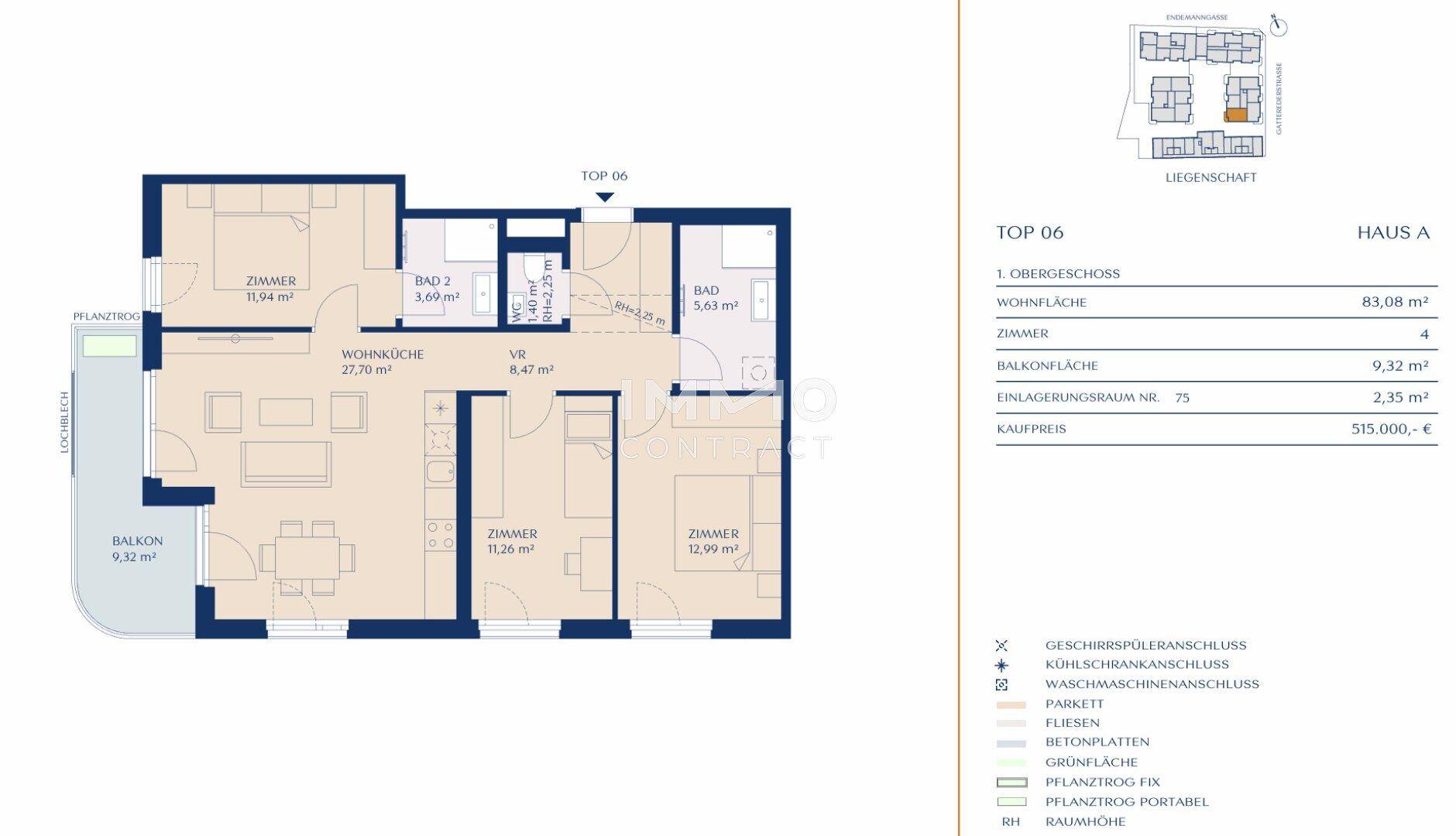 Grundriss der Wohnung TOP 06 in Haus A mit drei Zimmern und Balkon.