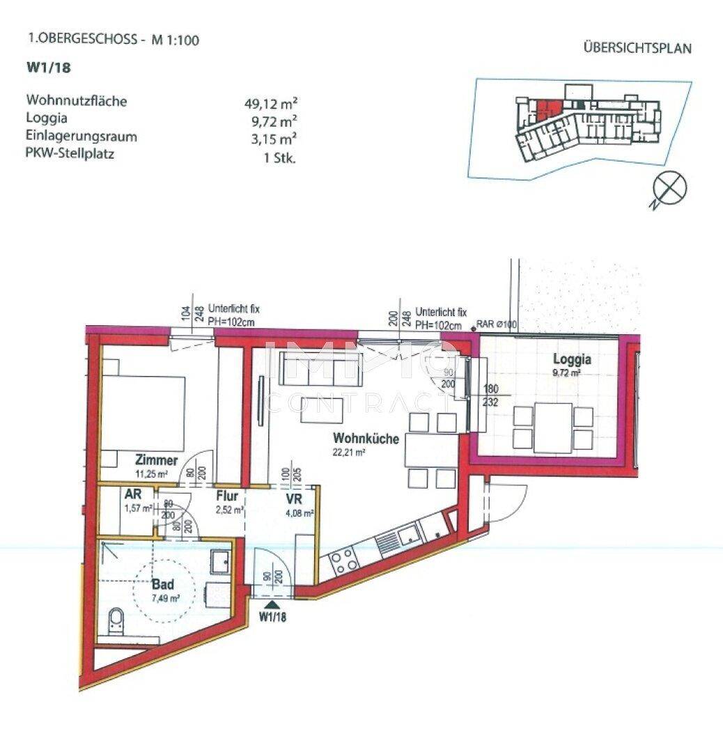 Grundrissplan einer Wohnung im ersten Obergeschoss mit offener Wohnküche, einem Zimmer, Bad und Loggia.