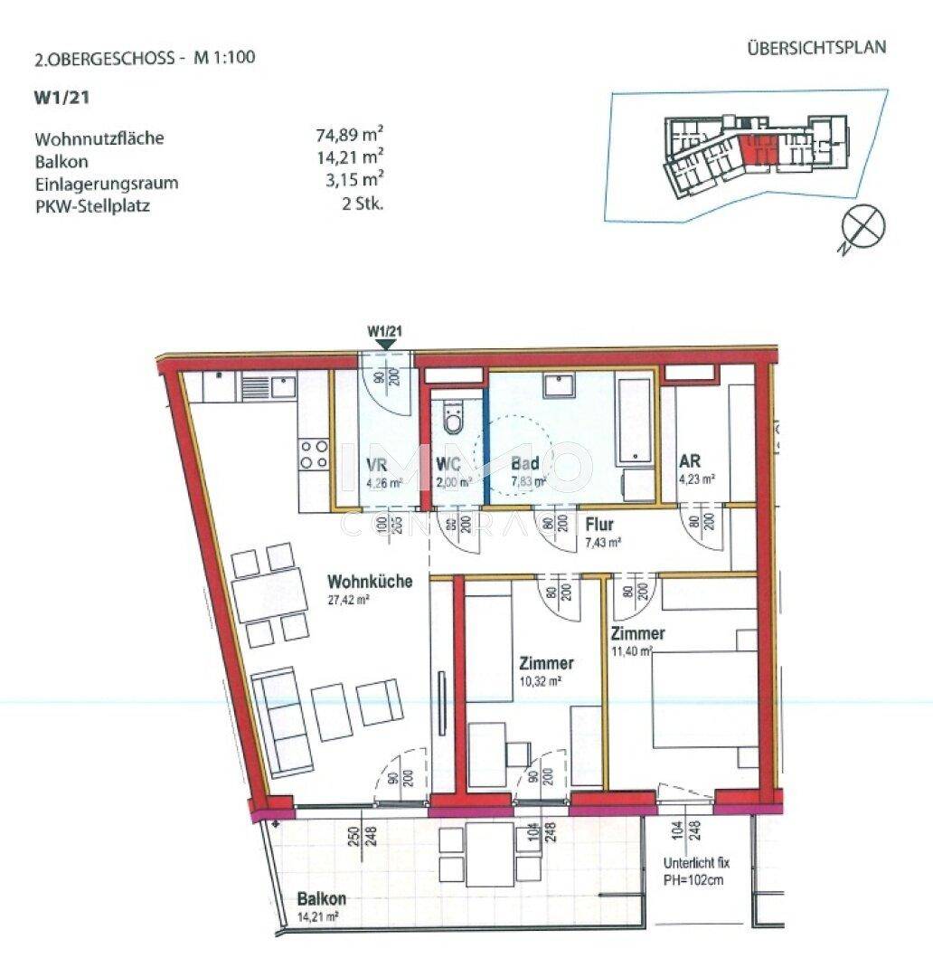 Grundriss einer Wohnung im 2. Obergeschoss mit offener Wohnküche, zwei Schlafzimmern, Bad, separatem WC und Balkon.