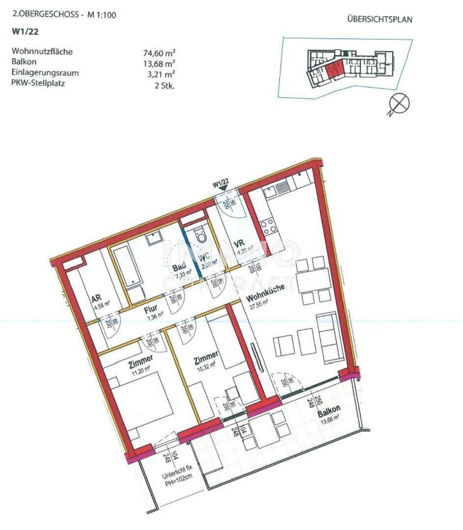 Detaillierter Grundriss einer modernen Wohnung mit offener Wohnküche, zwei Schlafzimmern, Bad und Balkon.