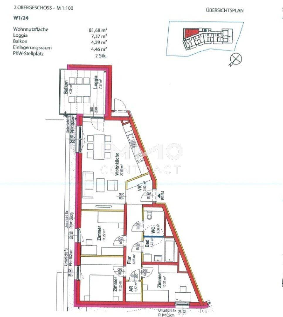Grundriss einer Wohnung mit offenem Wohn- und Küchenbereich, drei Zimmern, Bad, separatem WC, Balkon und Loggia.