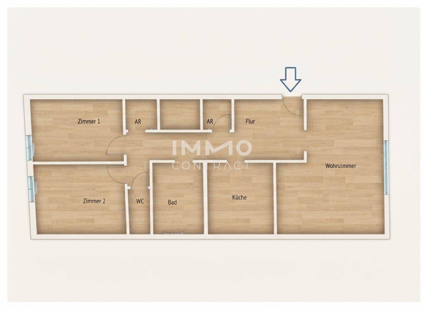 Detaillierter Grundriss einer Wohnung mit zwei Schlafzimmern, Wohnzimmer, separater Küche, Bad und Abstellraum.